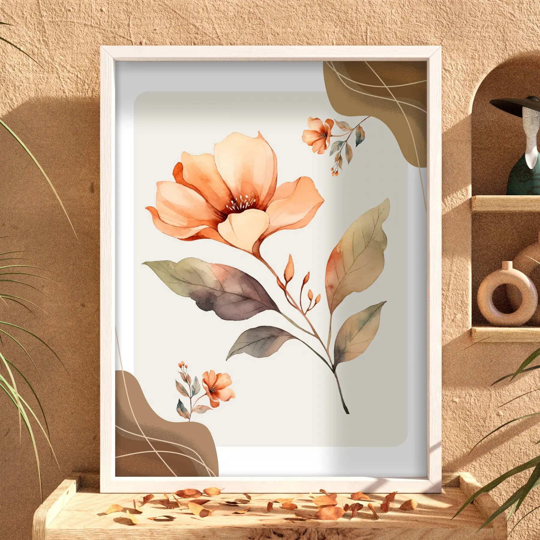 Pastel Şeftali Çiçek Tablosu Beyaz Ahşap Çerçeveli Bohem Obje Ev Aksesuarları Modern Sanat