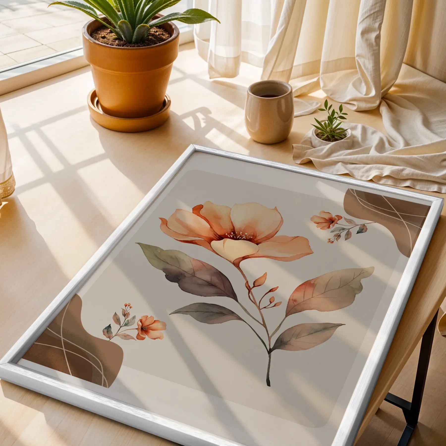 Pastel Şeftali Çiçek Tablosu Beyaz Ahşap Çerçeveli Bohem Obje Ev Aksesuarları Modern Sanat