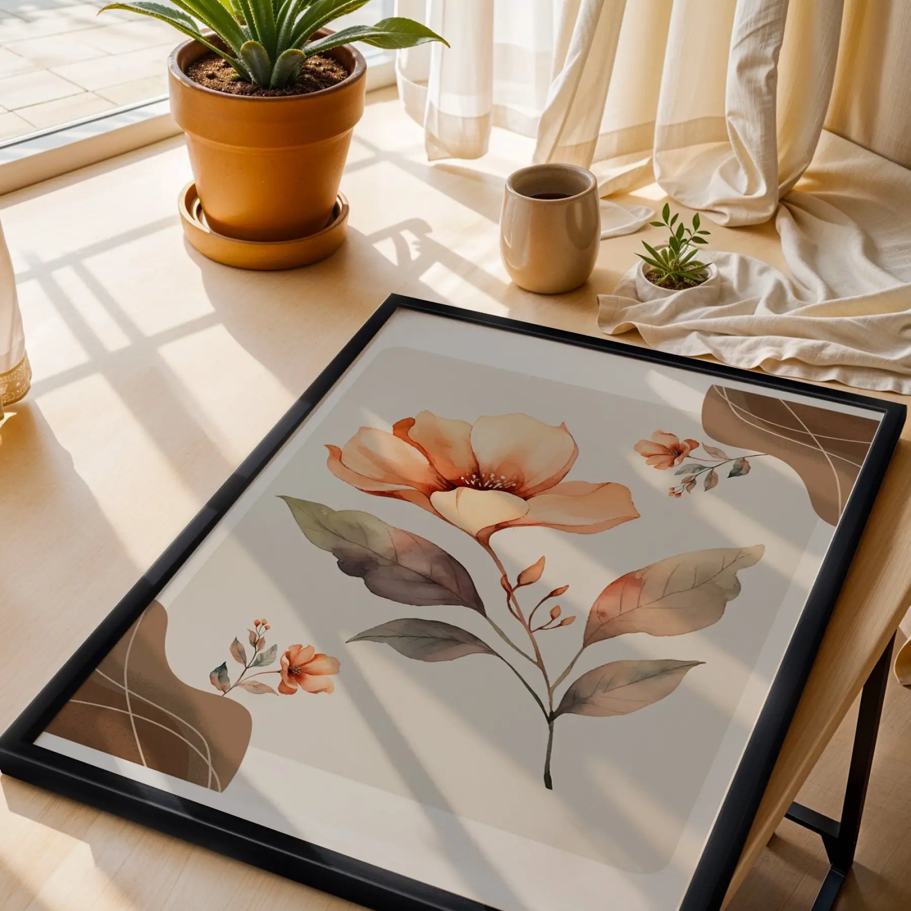 Pastel Şeftali Çiçek Tablosu Siyah Ahşap Çerçeveli Bohem Görünümlü Salon Oturma Odası Duvar