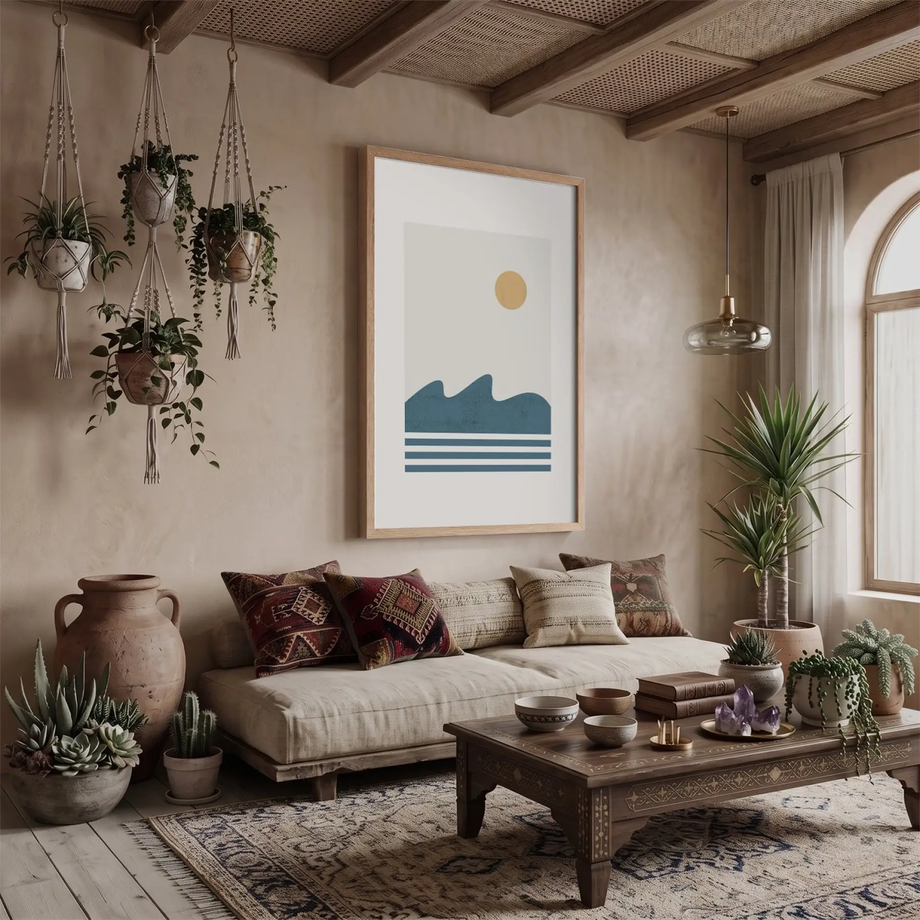 Sakin Mavi Dalga Tablosu Doğal Ahşap Çerçeveli Dekoru Poster Obje Ev Aksesuarları Modern