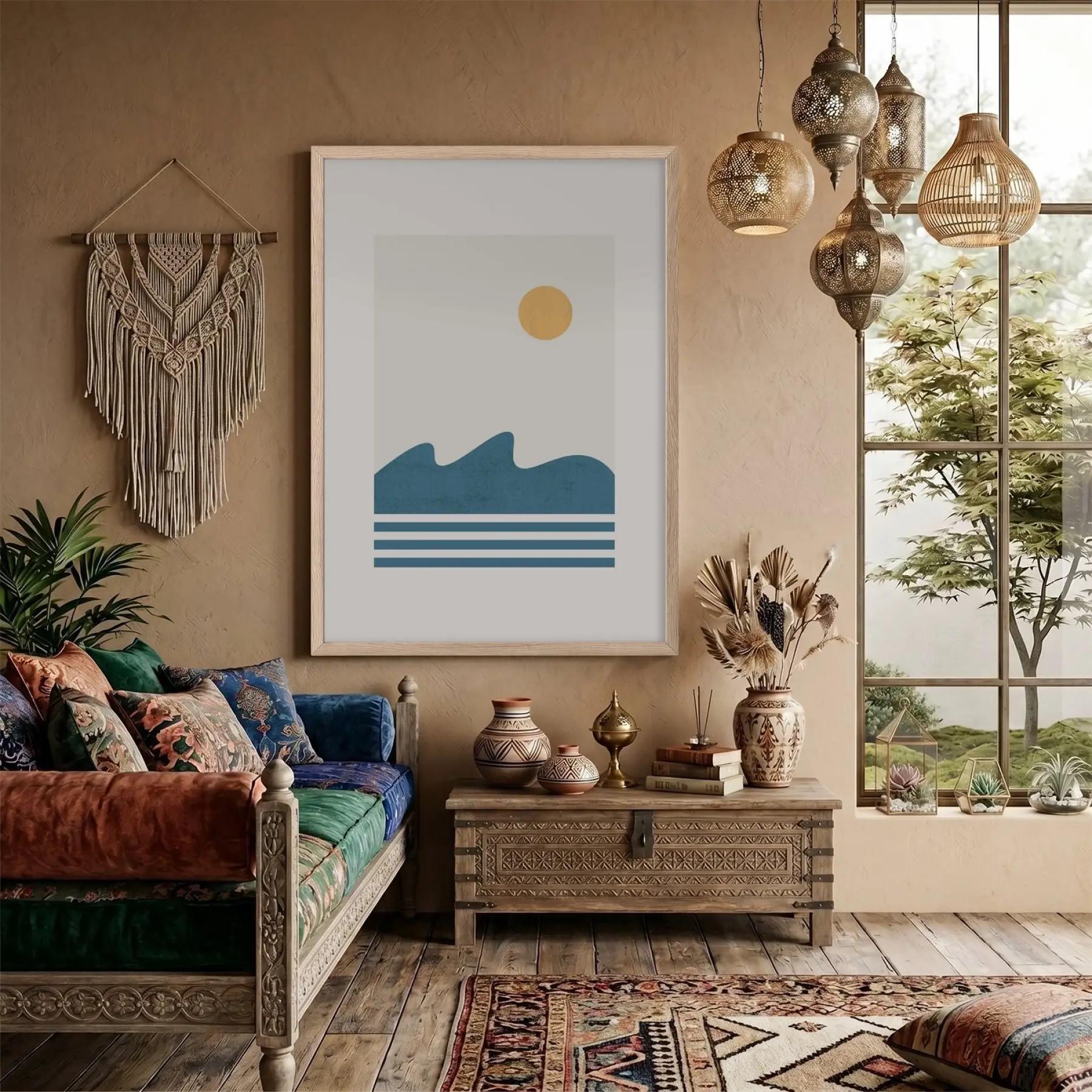 Sakin Mavi Dalga Tablosu Doğal Ahşap Çerçeveli Dekoru Poster Obje Ev Aksesuarları Modern