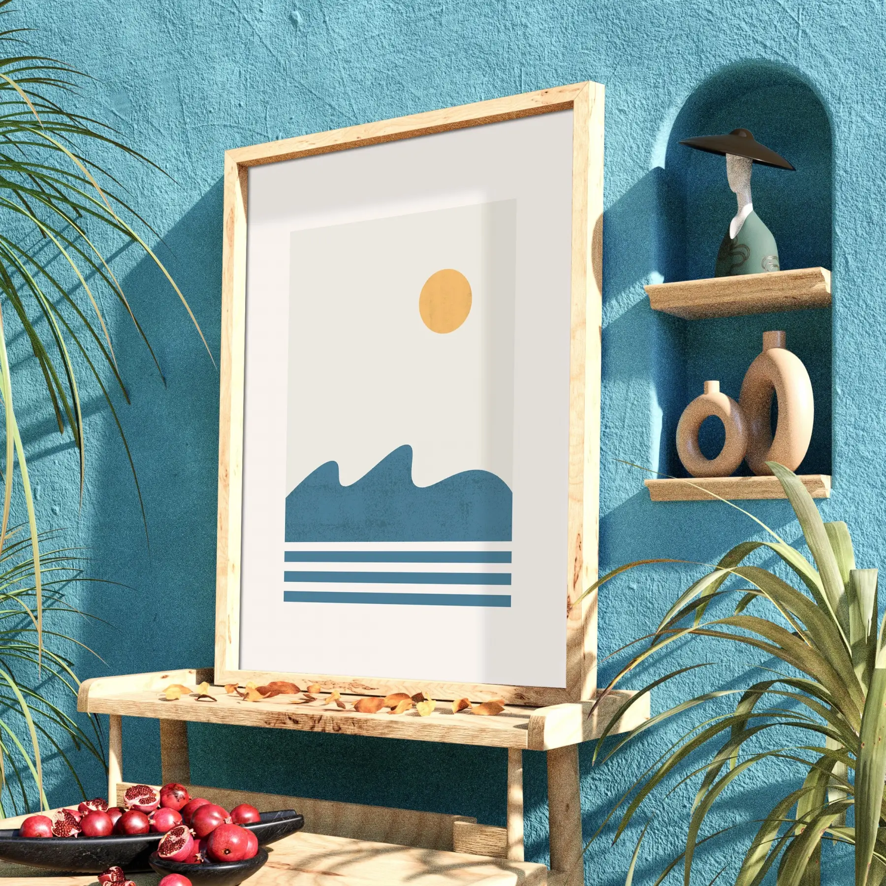 Sakin Mavi Dalga Tablosu Doğal Ahşap Çerçeveli Dekoru Poster Obje Ev Aksesuarları Modern