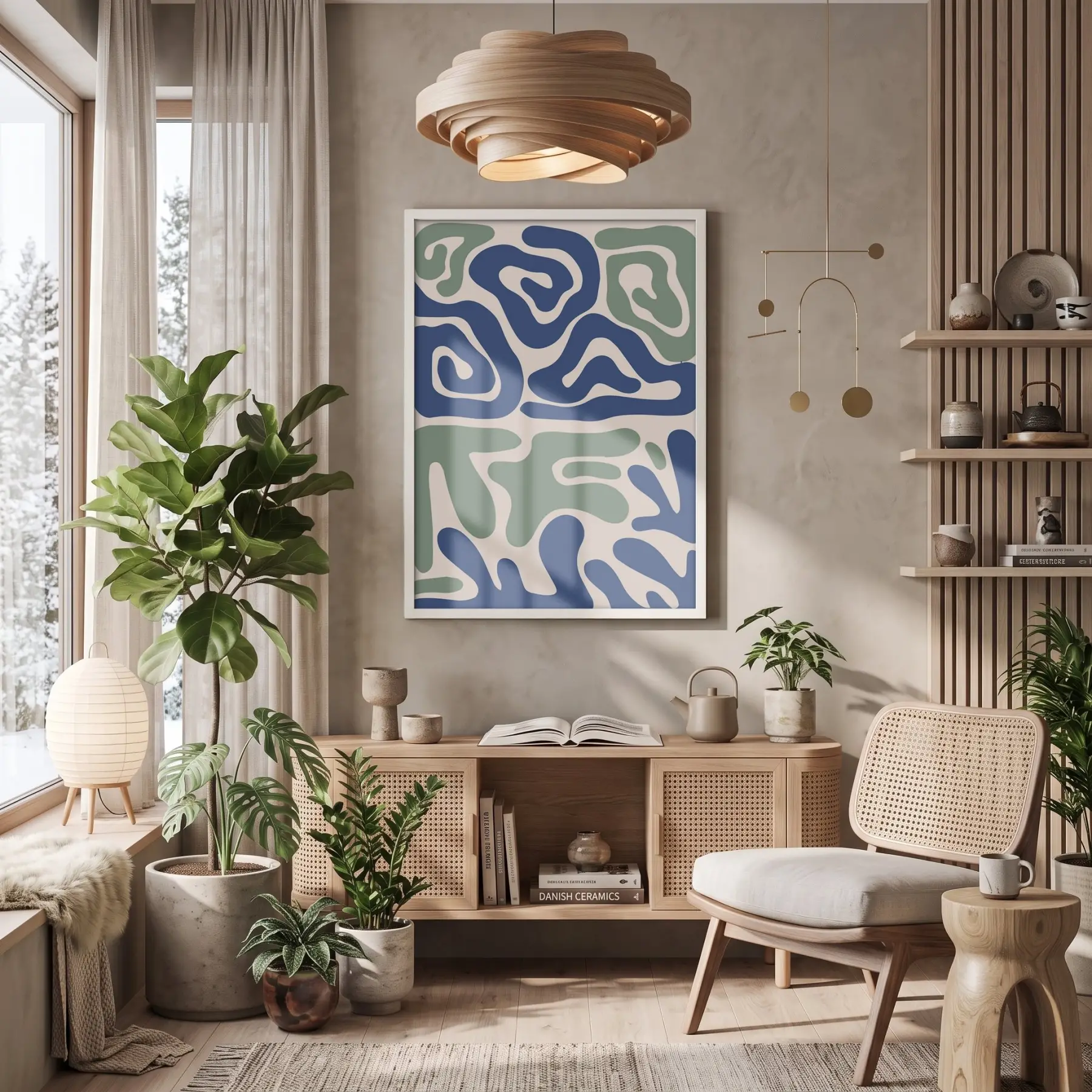 Mavi Yeşil Organik Tablo Beyaz Ahşap Çerçeveli Modern Sanat İç Mekan Yatak Koridor