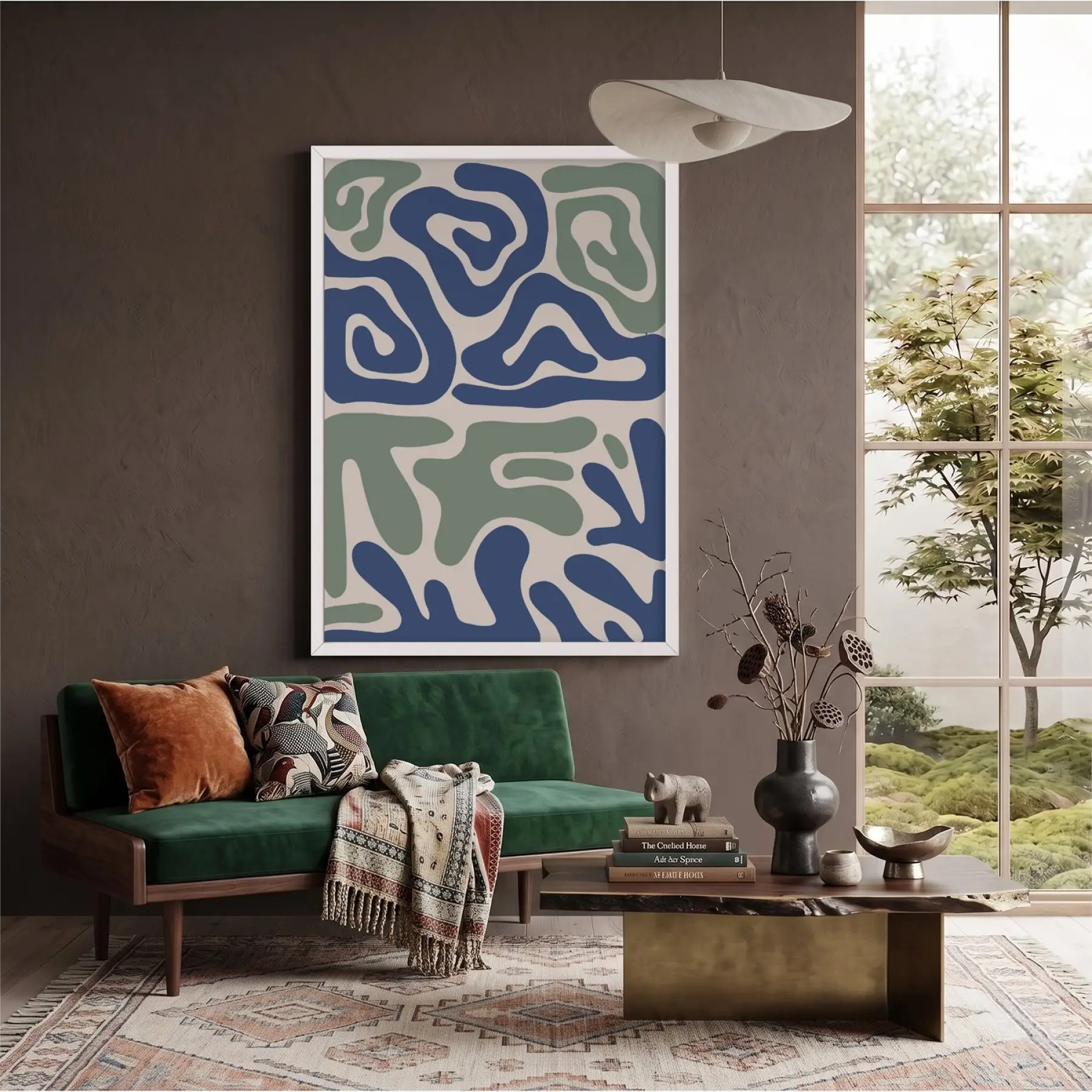 Mavi Yeşil Organik Tablo Beyaz Ahşap Çerçeveli Modern Sanat İç Mekan Yatak Koridor