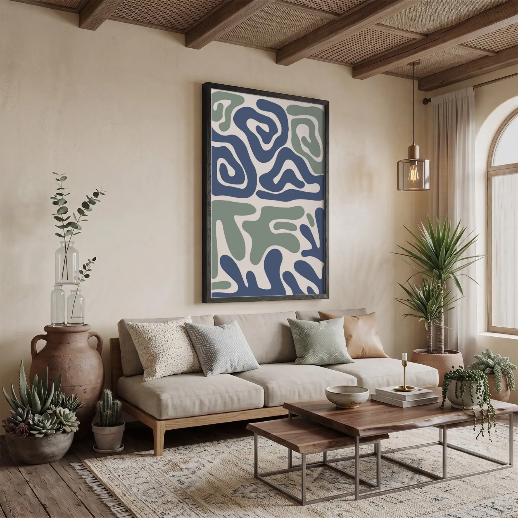 Mavi Yeşil Organik Tablo Siyah Ahşap Çerçeveli Ev Aksesuarları Modern Sanat İç Mekan