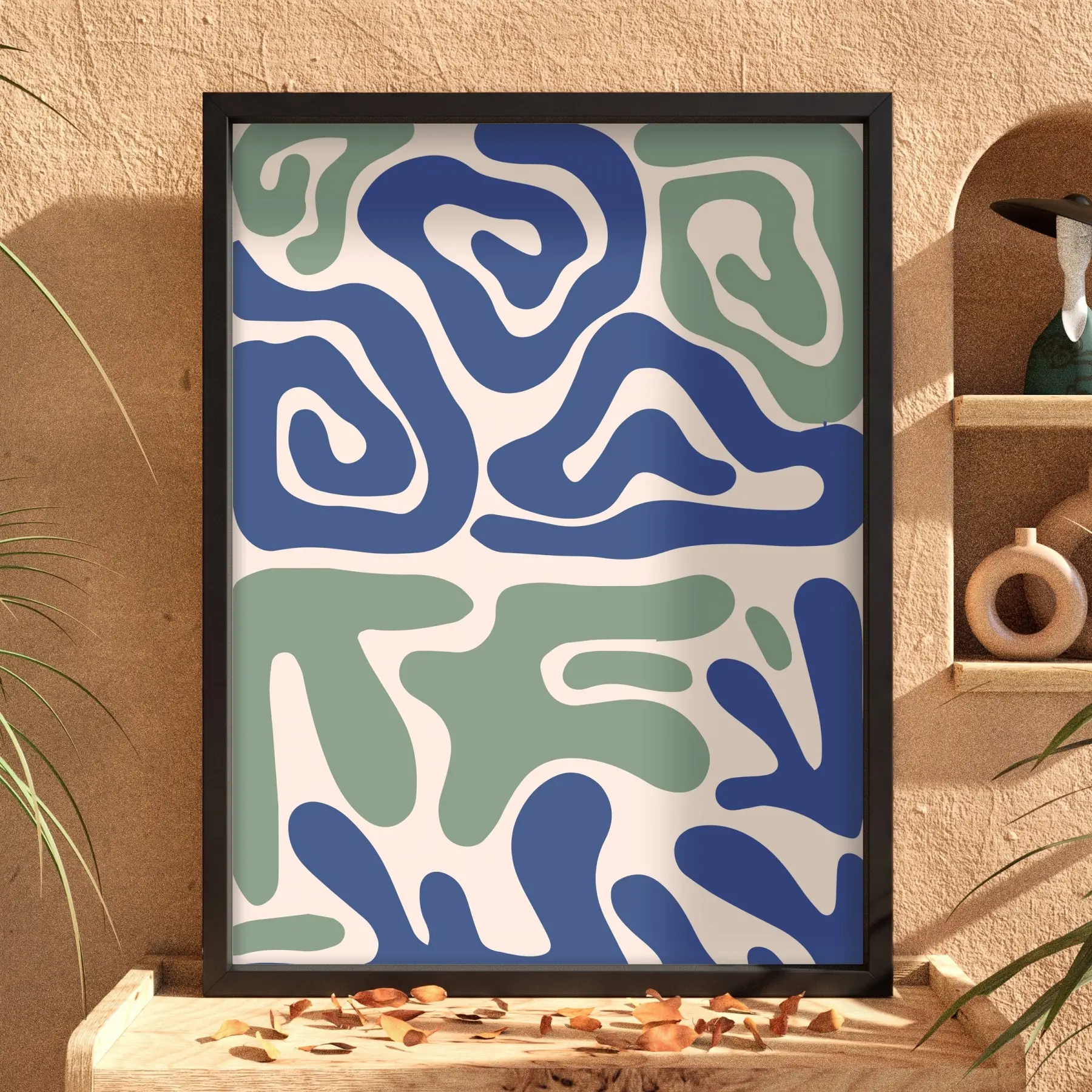 Mavi Yeşil Organik Tablo Siyah Ahşap Çerçeveli Ev Aksesuarları Modern Sanat İç Mekan