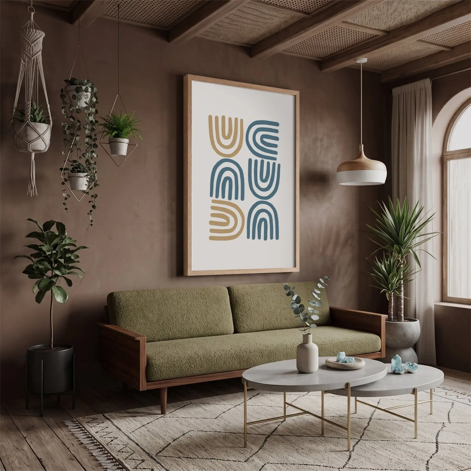 Mavi Hardal Minimalist Kavisler Doğal Ahşap Çerçeveli Tablo Kanvas Görünümlü Salon Oturma Odası