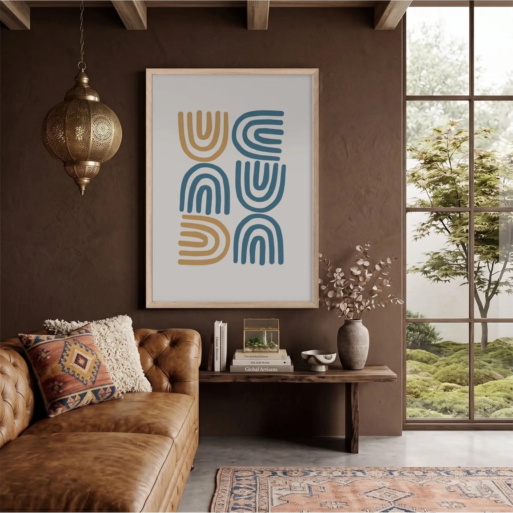 Mavi Hardal Minimalist Kavisler Doğal Ahşap Çerçeveli Tablo Kanvas Görünümlü Salon Oturma Odası