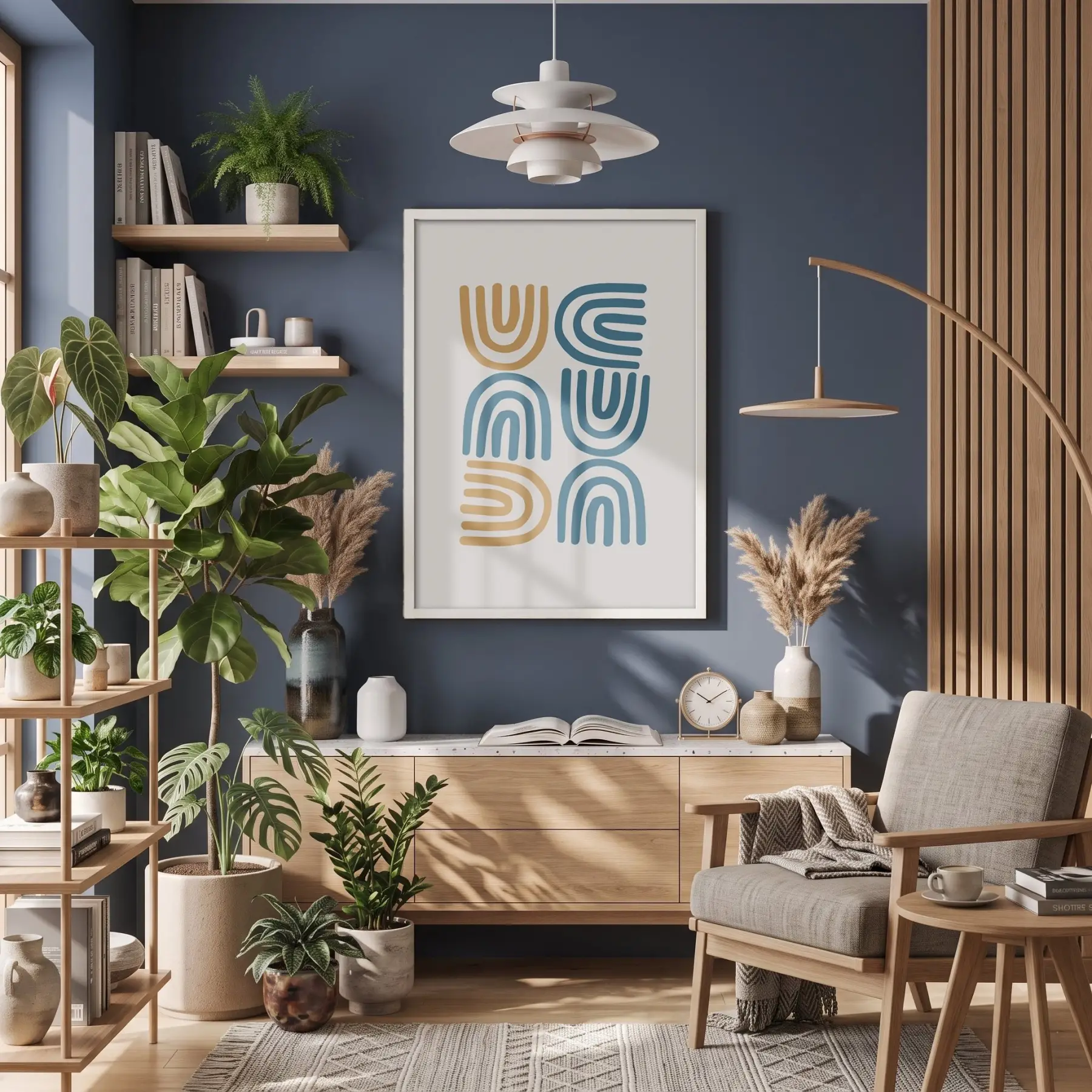 Mavi Hardal Minimalist Kavisler Beyaz Ahşap Çerçeveli Tablo Dekoru Poster Obje Ev Aksesuarları