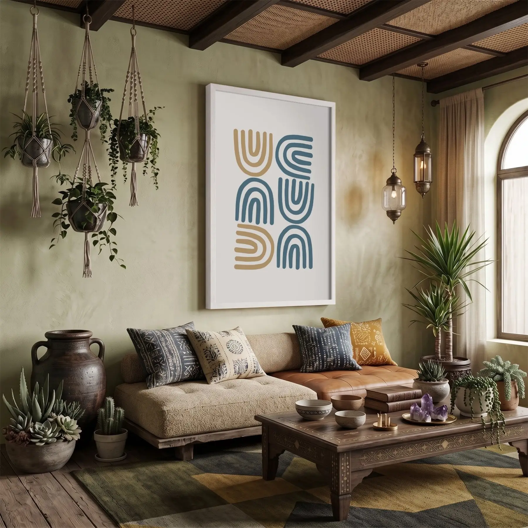 Mavi Hardal Minimalist Kavisler Beyaz Ahşap Çerçeveli Tablo Dekoru Poster Obje Ev Aksesuarları