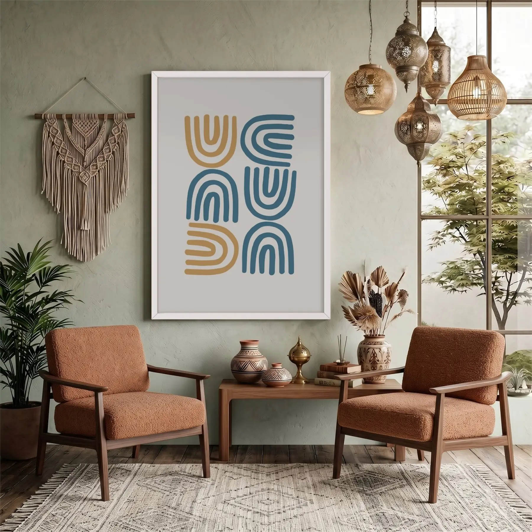 Mavi Hardal Minimalist Kavisler Beyaz Ahşap Çerçeveli Tablo Dekoru Poster Obje Ev Aksesuarları