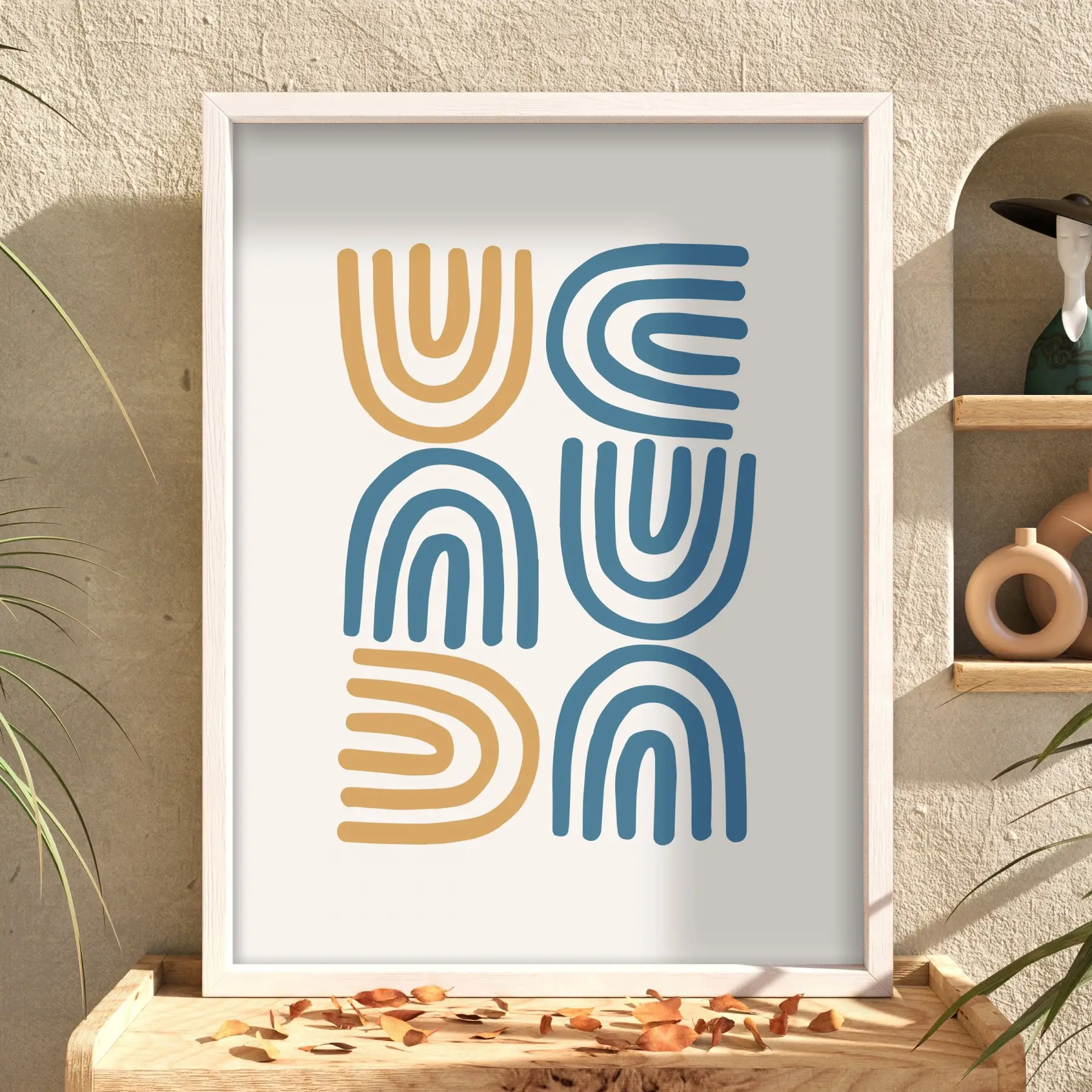 Mavi Hardal Minimalist Kavisler Beyaz Ahşap Çerçeveli Tablo Dekoru Poster Obje Ev Aksesuarları
