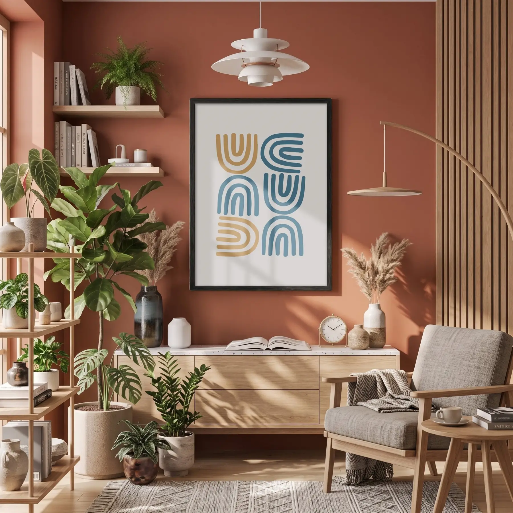 Mavi Hardal Minimalist Kavisler Siyah Ahşap Çerçeveli Tablo Ofis Kanvas Görünümlü Salon Oturma