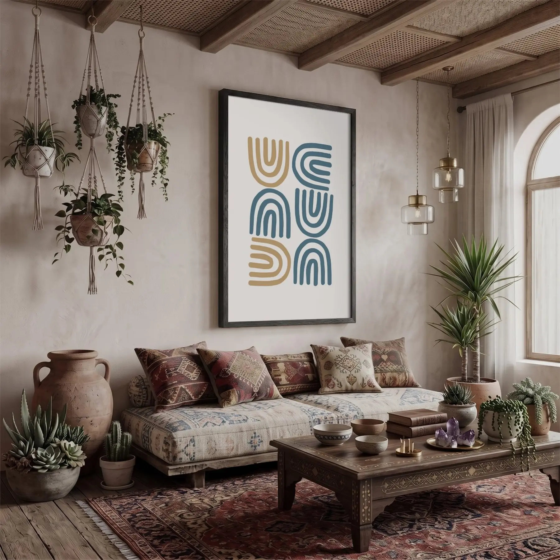 Mavi Hardal Minimalist Kavisler Siyah Ahşap Çerçeveli Tablo Ofis Kanvas Görünümlü Salon Oturma