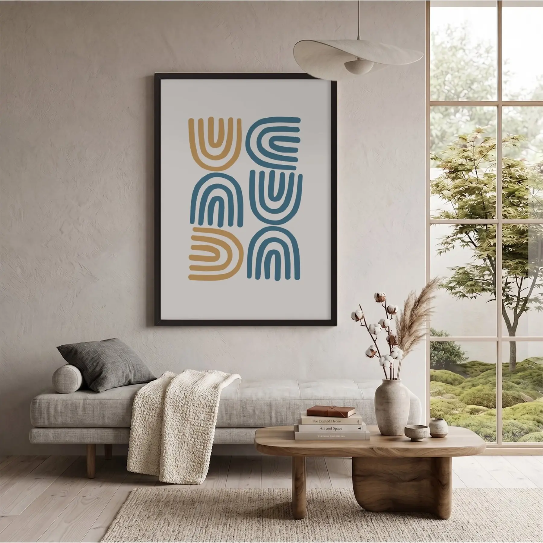 Mavi Hardal Minimalist Kavisler Siyah Ahşap Çerçeveli Tablo Ofis Kanvas Görünümlü Salon Oturma
