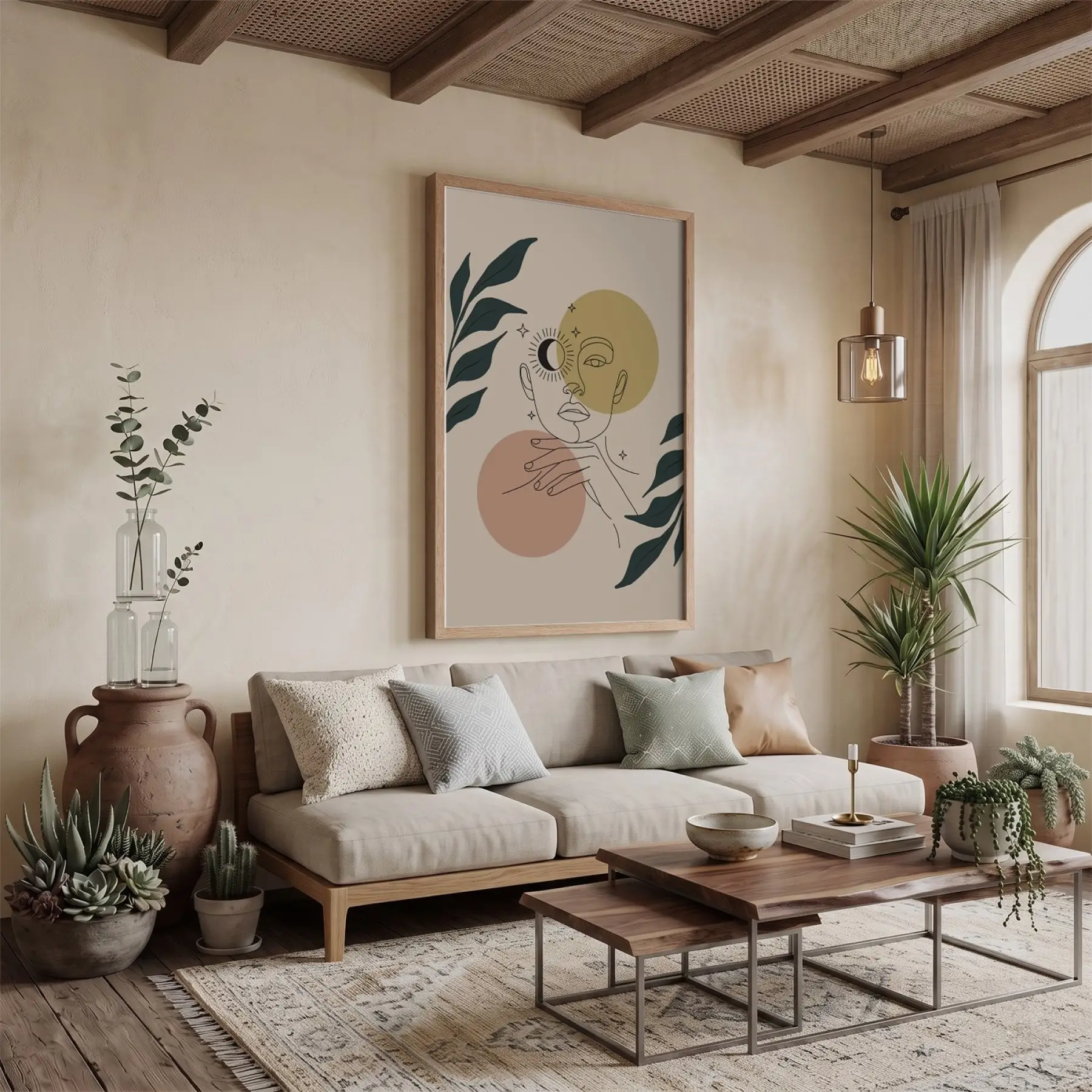 Minimalist Ay Güneş Kadın Doğal Ahşap Çerçeveli Tablo Dekoru Poster Obje Ev Aksesuarları