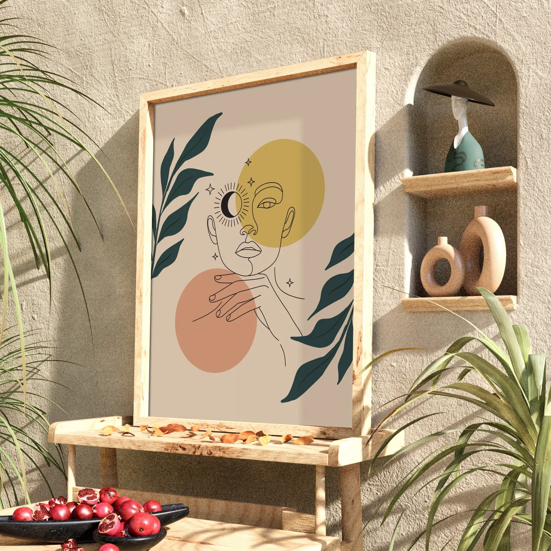 Minimalist Ay Güneş Kadın Doğal Ahşap Çerçeveli Tablo Dekoru Poster Obje Ev Aksesuarları
