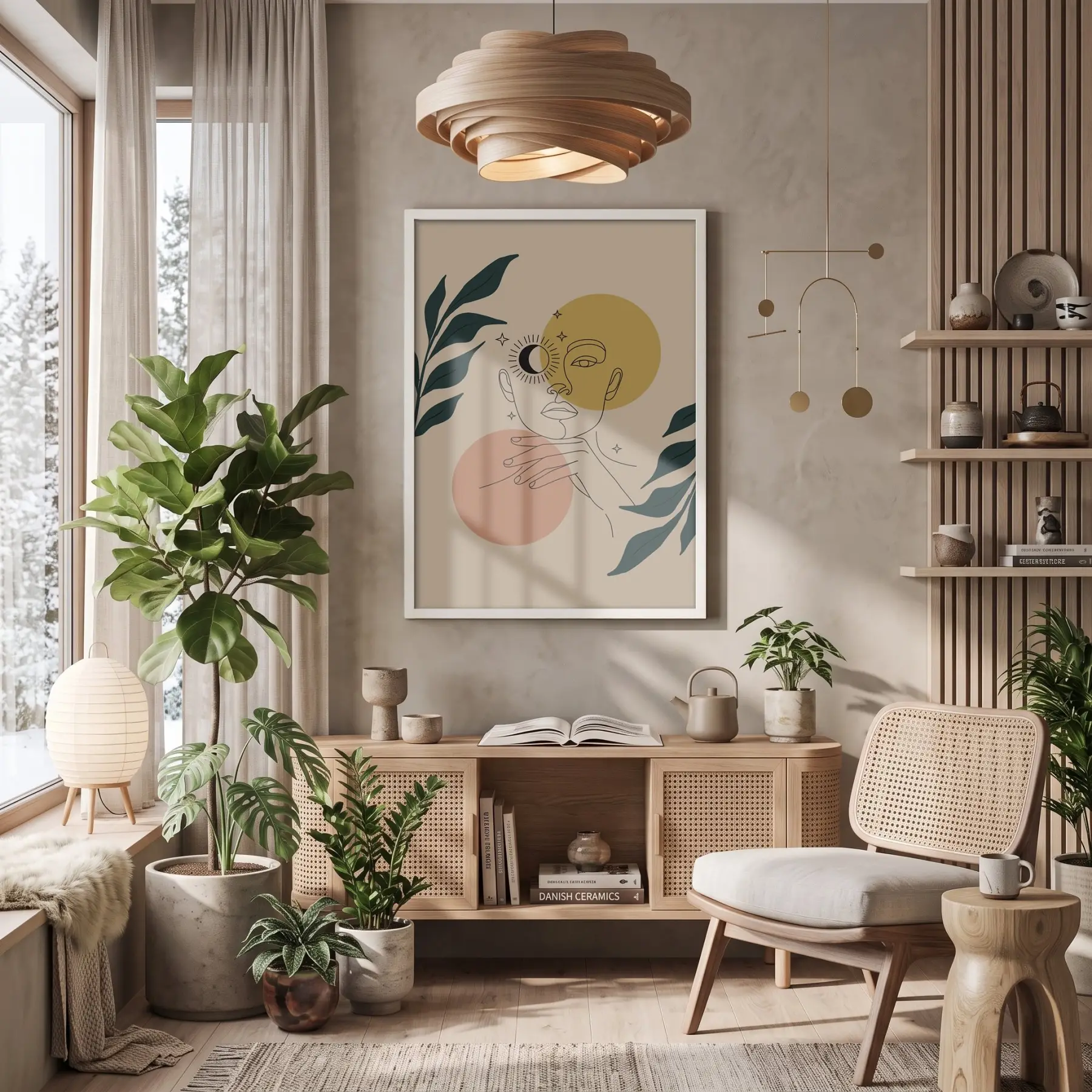 Minimalist Ay Güneş Kadın Beyaz Ahşap Çerçeveli Tablo Dekoratif Obje Ev Aksesuarları Modern