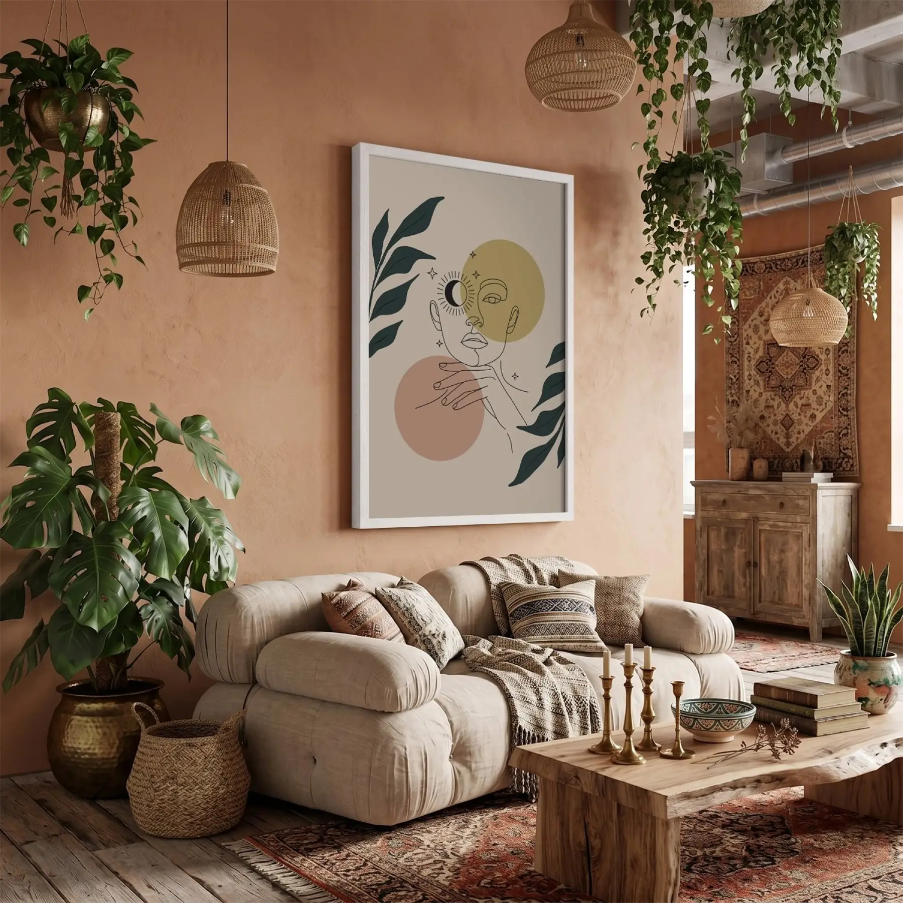 Minimalist Ay Güneş Kadın Beyaz Ahşap Çerçeveli Tablo Dekoratif Obje Ev Aksesuarları Modern