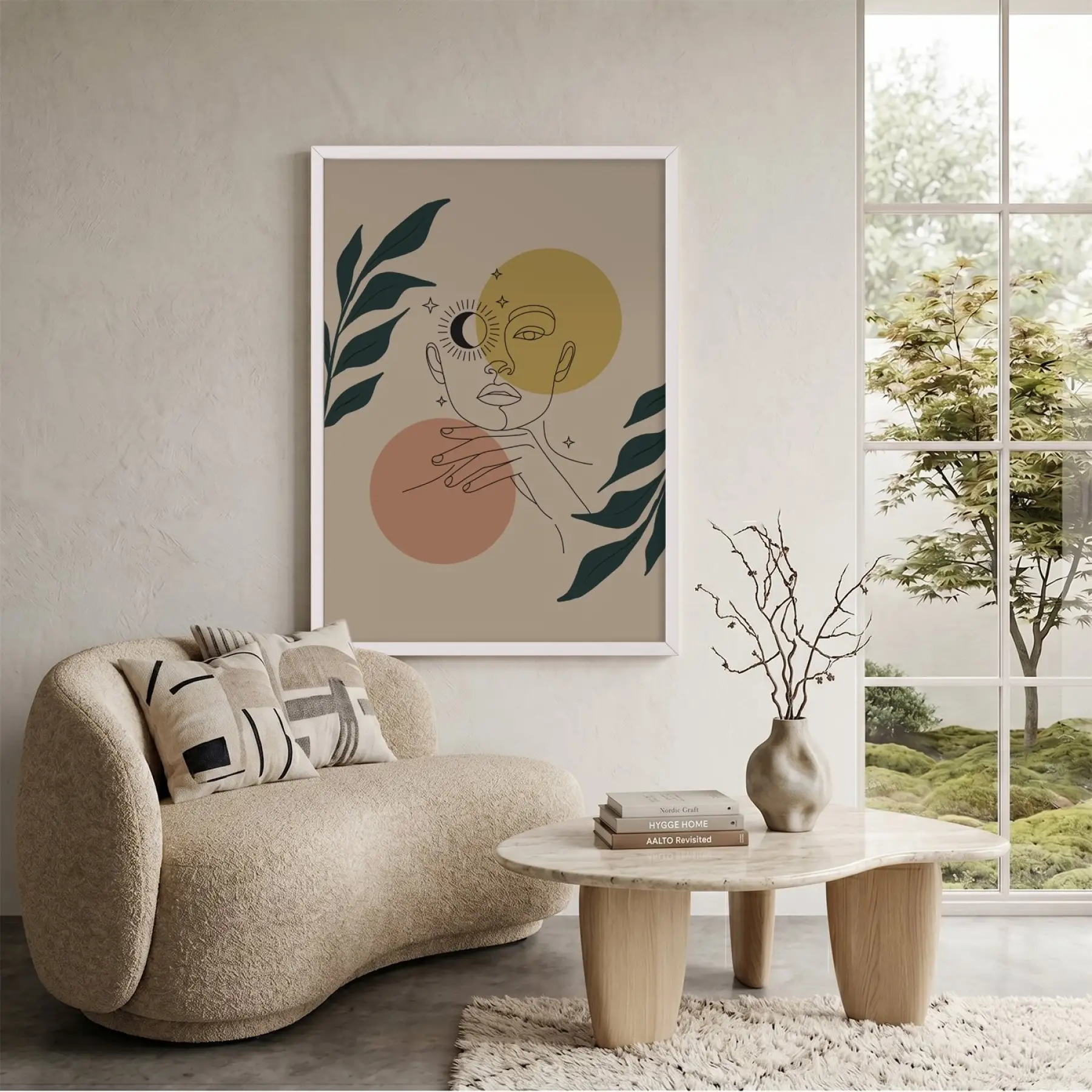 Minimalist Ay Güneş Kadın Beyaz Ahşap Çerçeveli Tablo Dekoratif Obje Ev Aksesuarları Modern