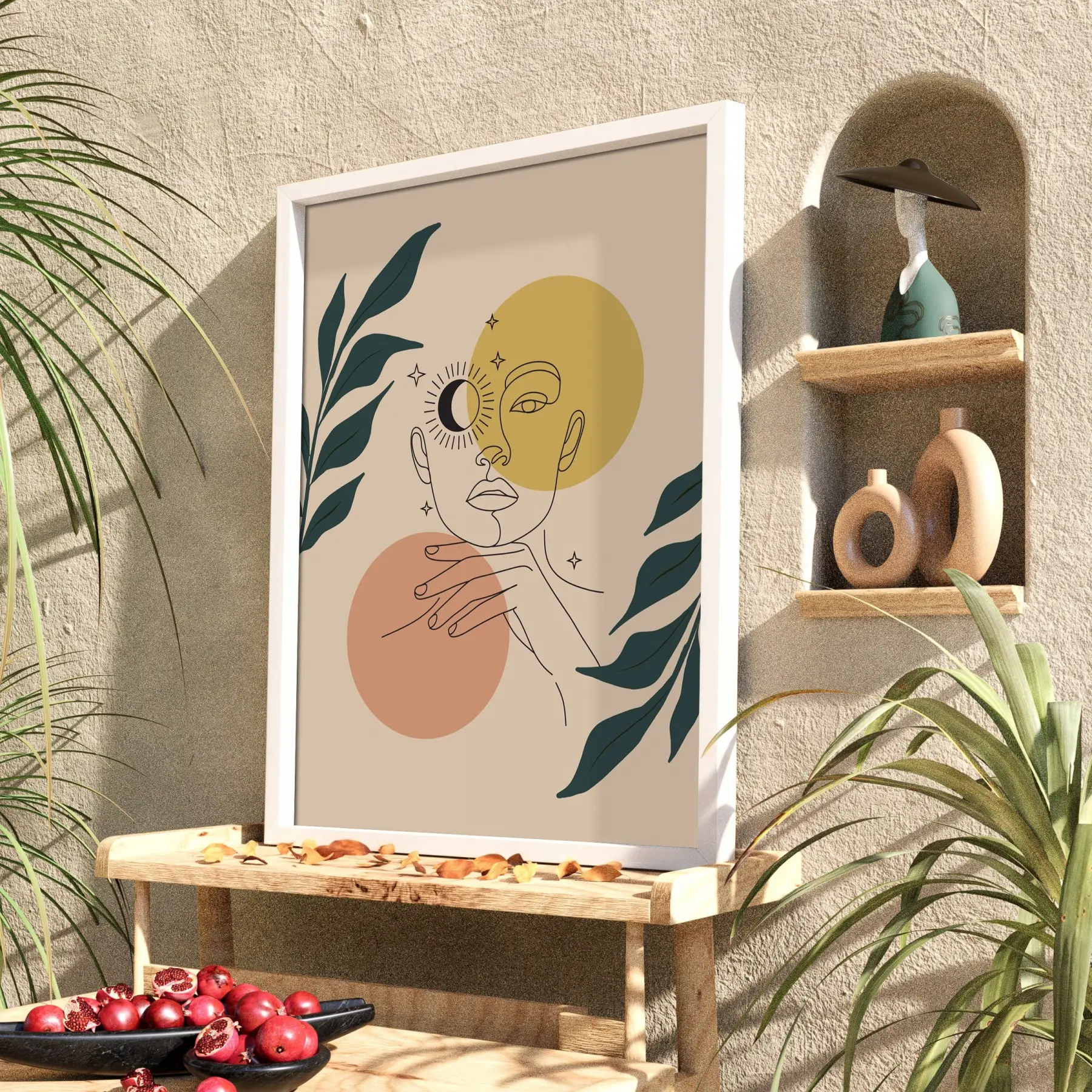 Minimalist Ay Güneş Kadın Beyaz Ahşap Çerçeveli Tablo Dekoratif Obje Ev Aksesuarları Modern