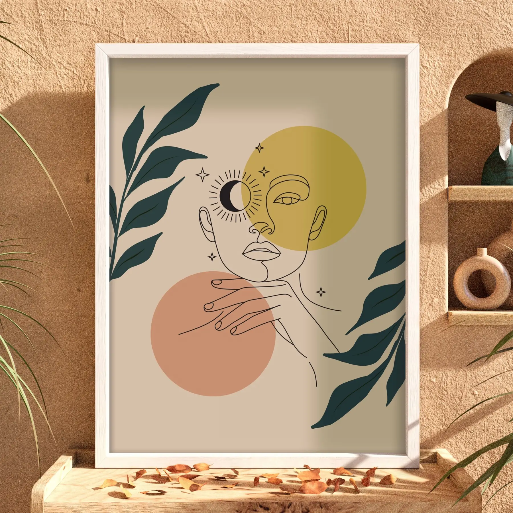 Minimalist Ay Güneş Kadın Beyaz Ahşap Çerçeveli Tablo Dekoratif Obje Ev Aksesuarları Modern