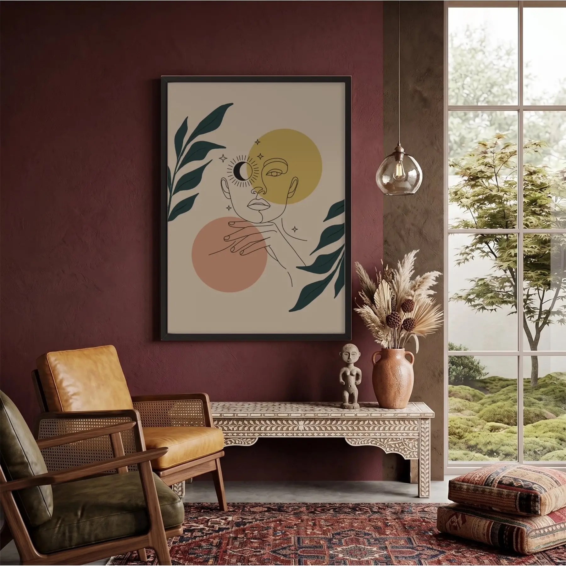 Minimalist Ay Güneş Kadın Siyah Ahşap Çerçeveli Tablo Ofis Kanvas Görünümlü Salon Oturma