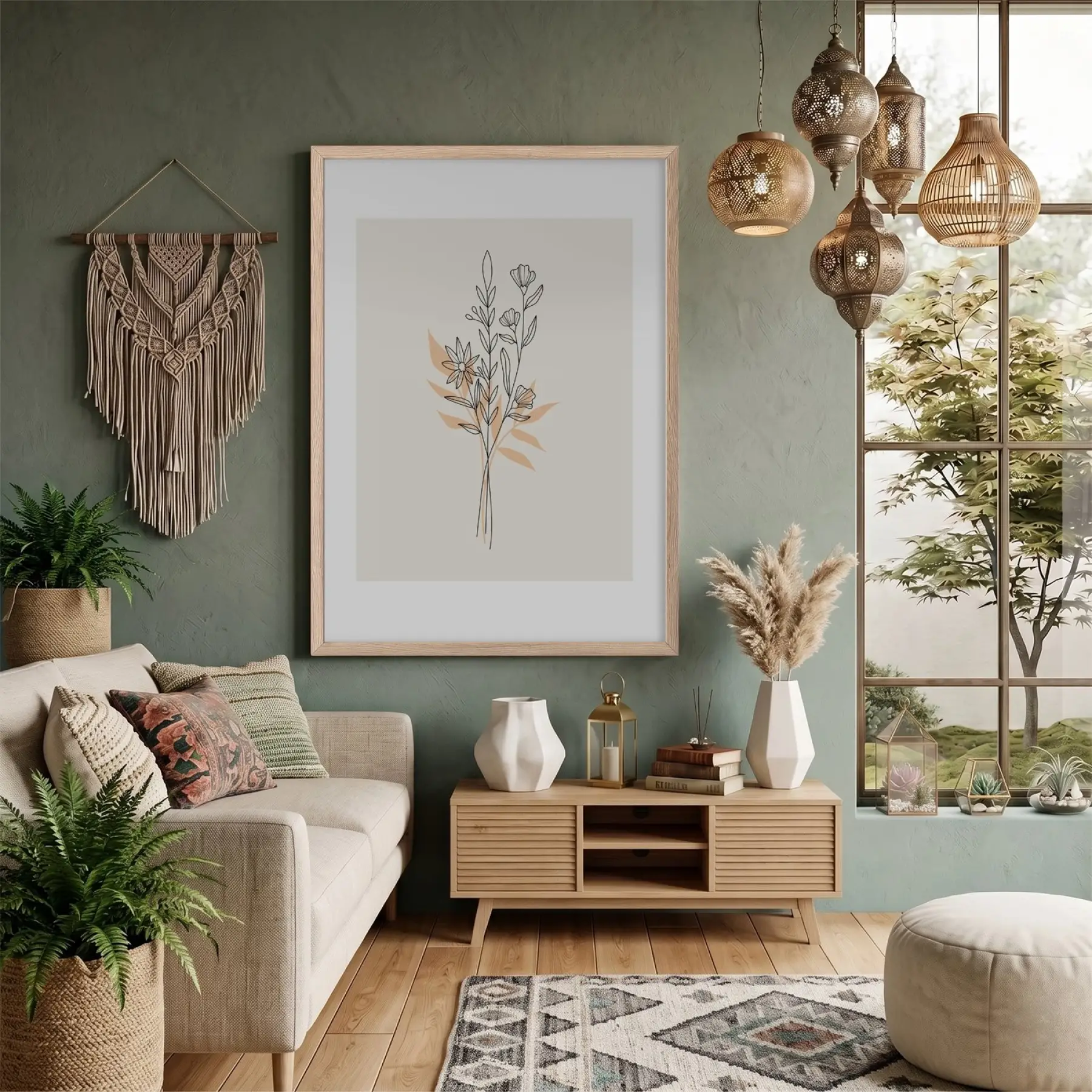 Pastel Botanik Çizim Doğal Ahşap Çerçeveli Tablo Bohem Dekorasyonu Poster Obje Ev Aksesuarları