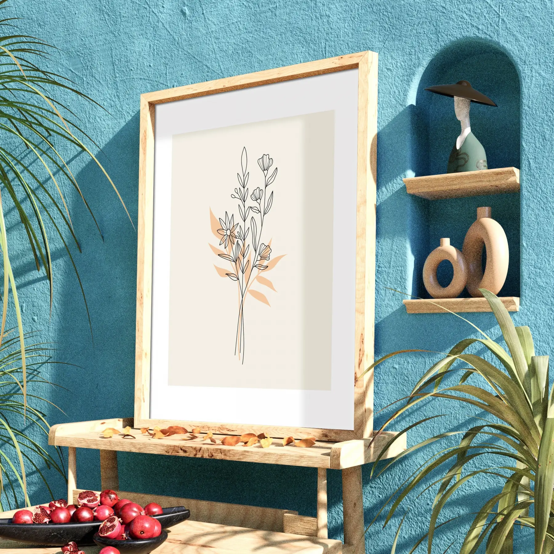 Pastel Botanik Çizim Doğal Ahşap Çerçeveli Tablo Bohem Dekorasyonu Poster Obje Ev Aksesuarları