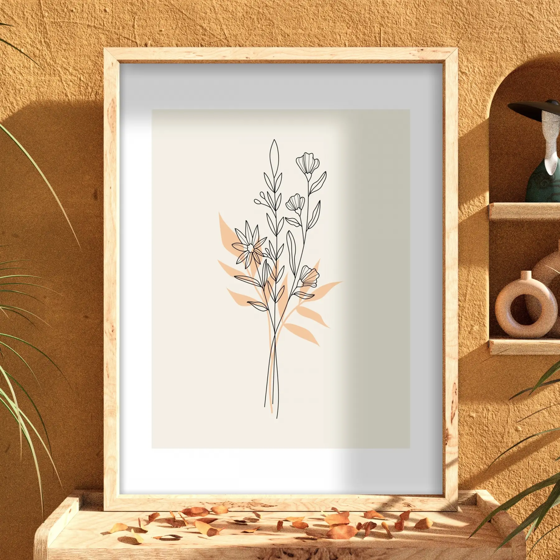 Pastel Botanik Çizim Doğal Ahşap Çerçeveli Tablo Bohem Dekorasyonu Poster Obje Ev Aksesuarları
