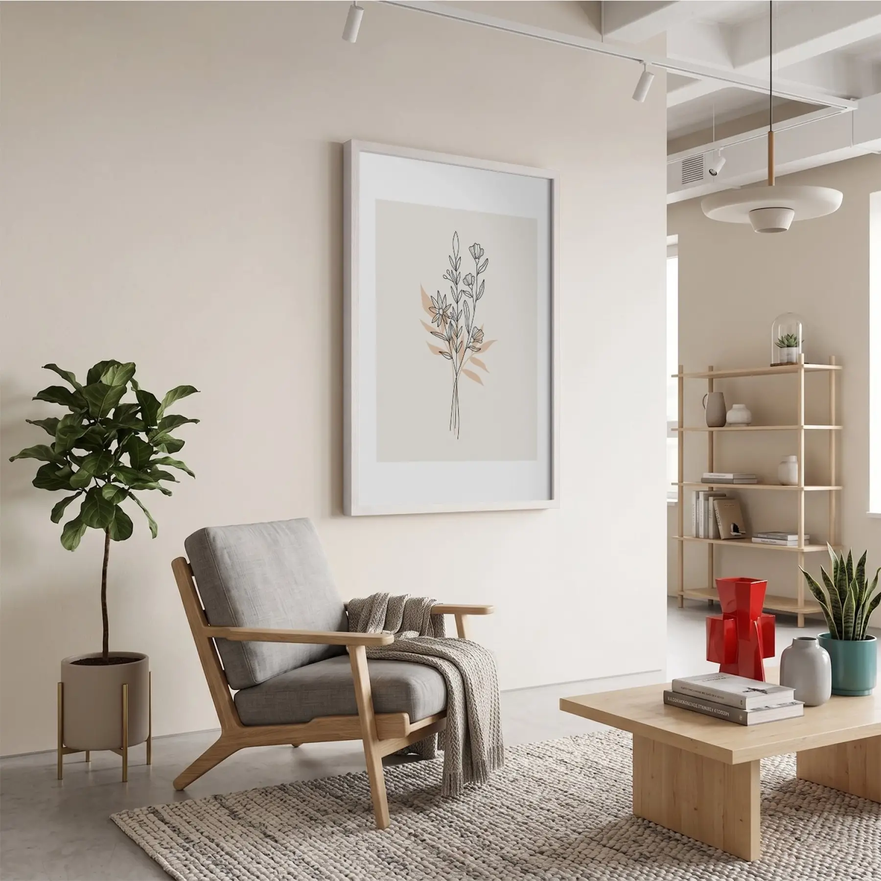 Pastel Botanik Çizim Beyaz Ahşap Çerçeveli Tablo Bohem İç Mekan Yatak Koridor Ofis