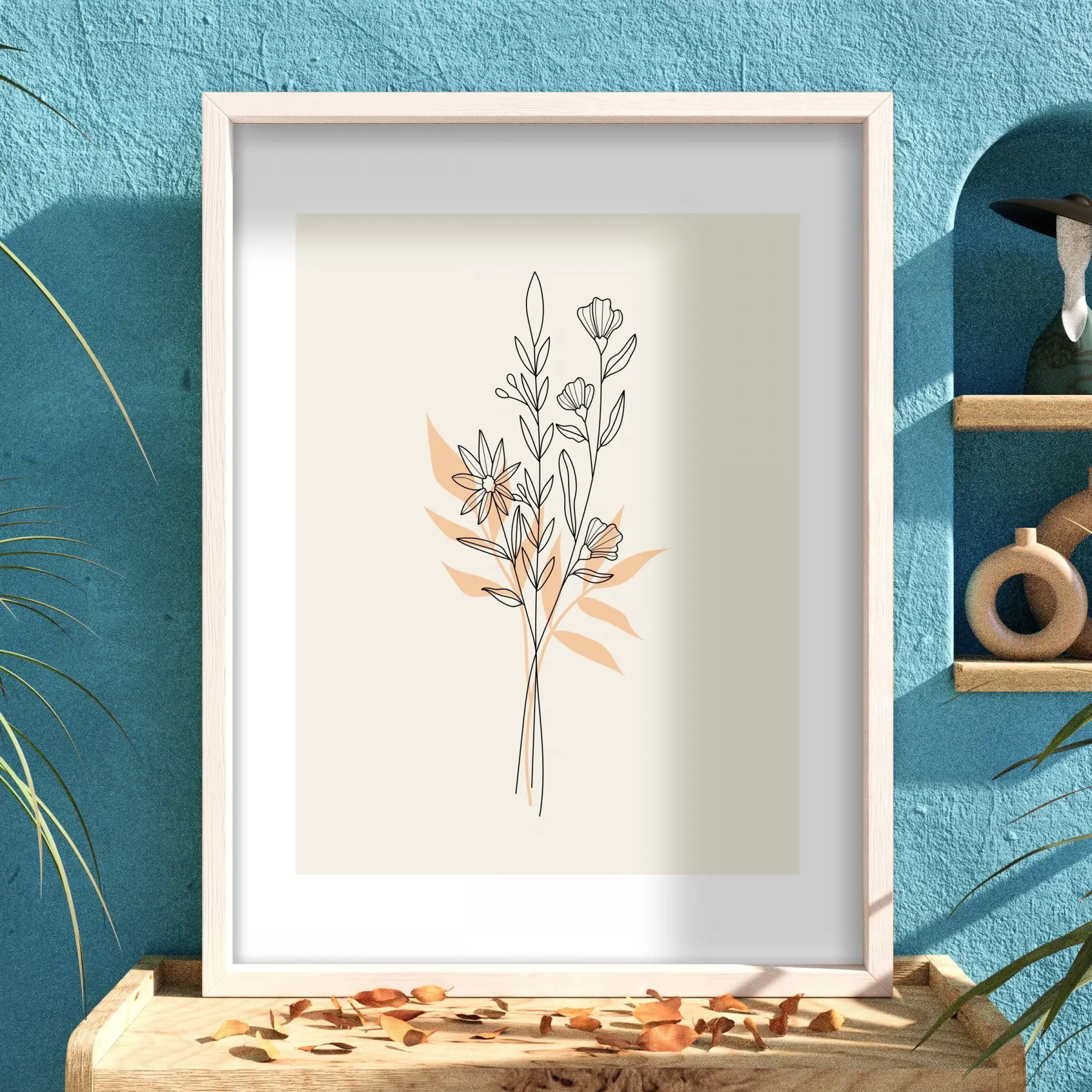 Pastel Botanik Çizim Beyaz Ahşap Çerçeveli Tablo Bohem İç Mekan Yatak Koridor Ofis