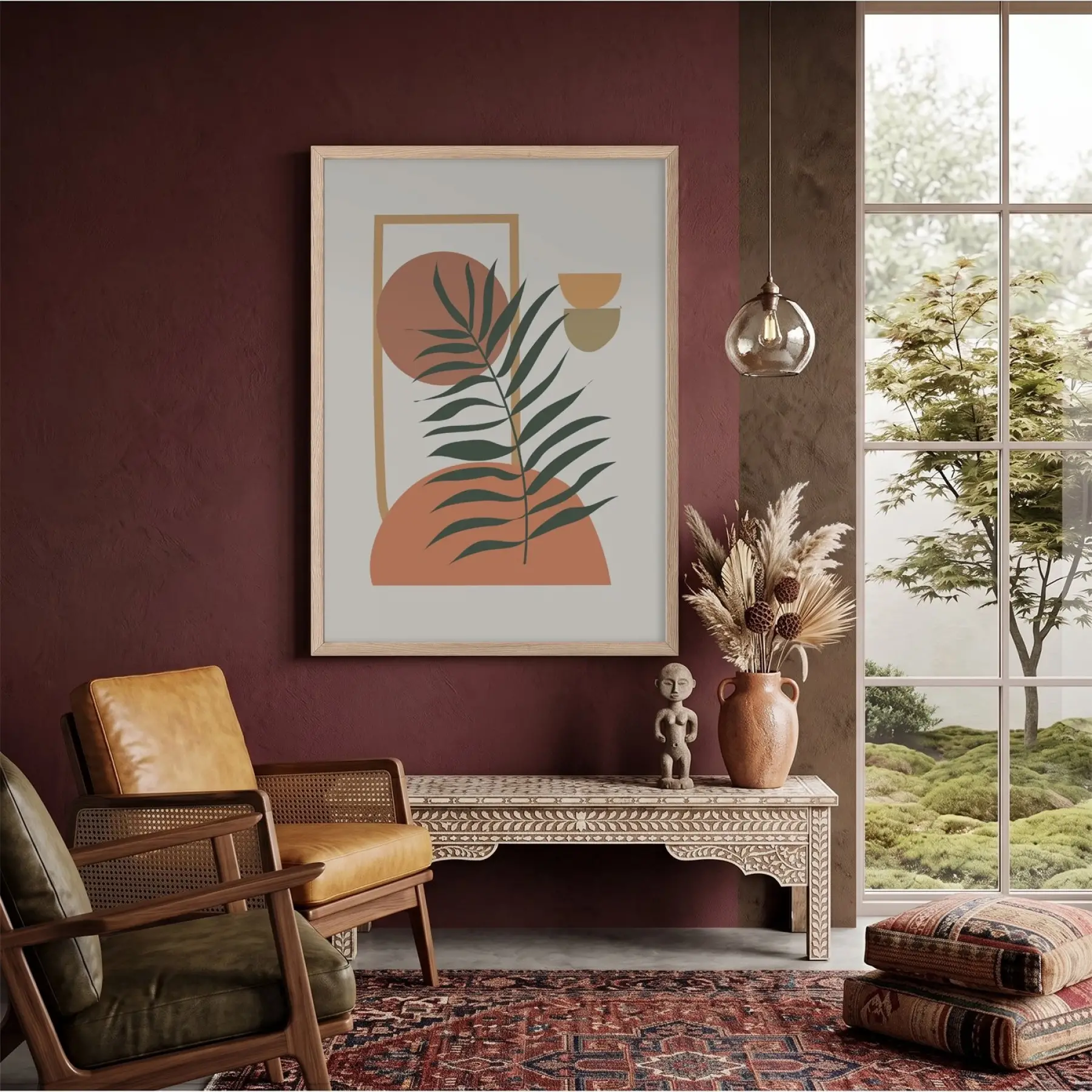 Minimalist Yaprak Geometri Doğal Ahşap Çerçeveli Tablo Dekorasyonu Poster Obje Ev Aksesuarları Modern