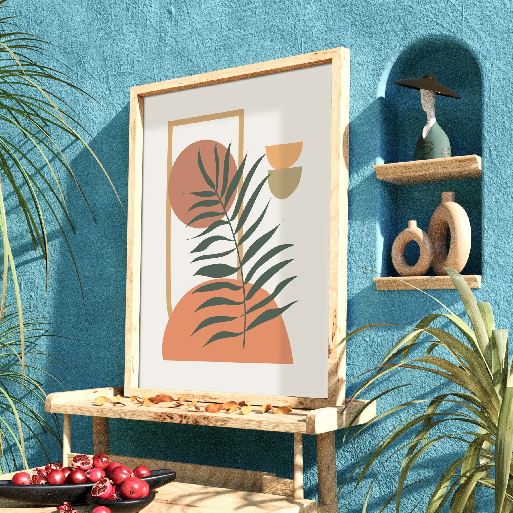 Minimalist Yaprak Geometri Doğal Ahşap Çerçeveli Tablo Dekorasyonu Poster Obje Ev Aksesuarları Modern