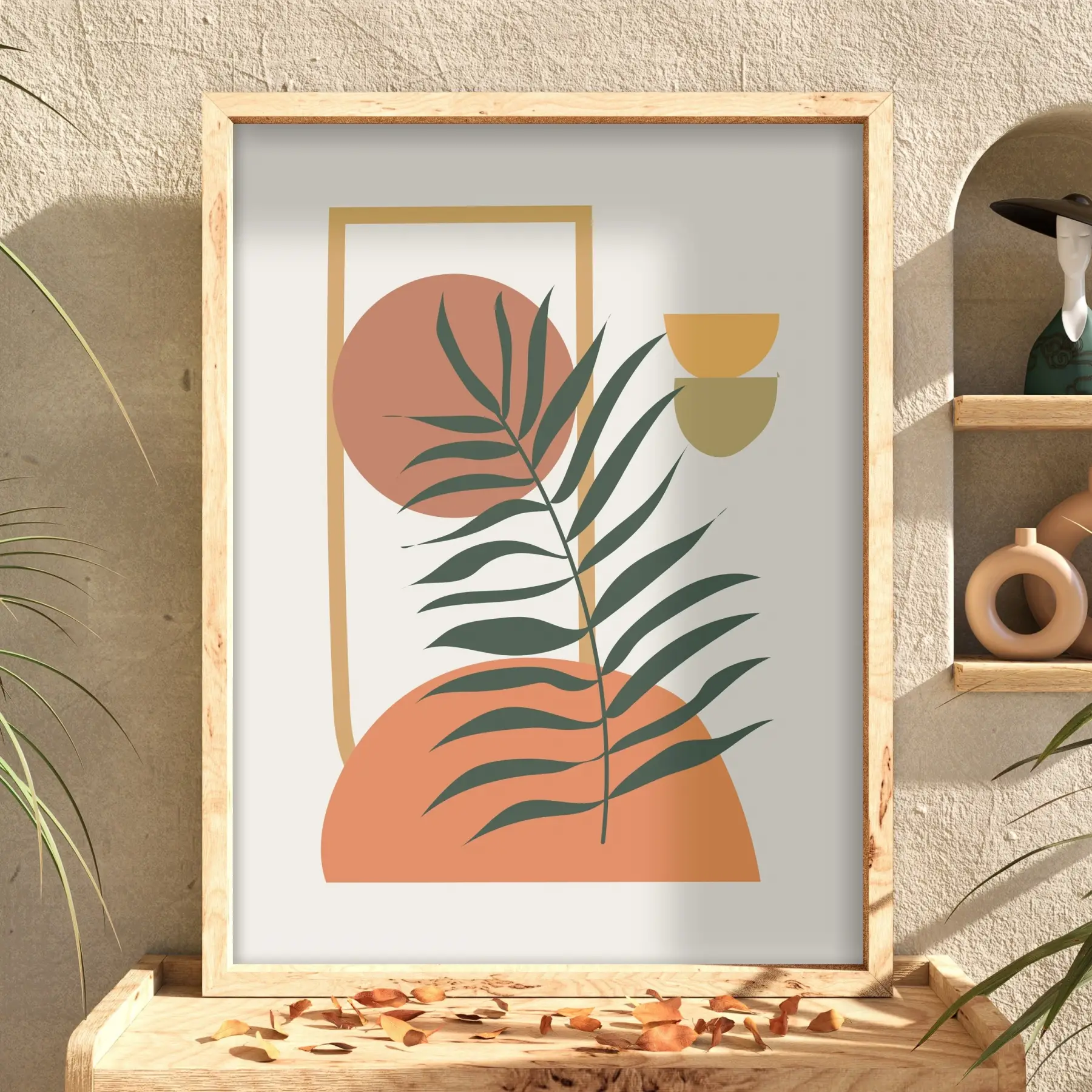 Minimalist Yaprak Geometri Doğal Ahşap Çerçeveli Tablo Dekorasyonu Poster Obje Ev Aksesuarları Modern
