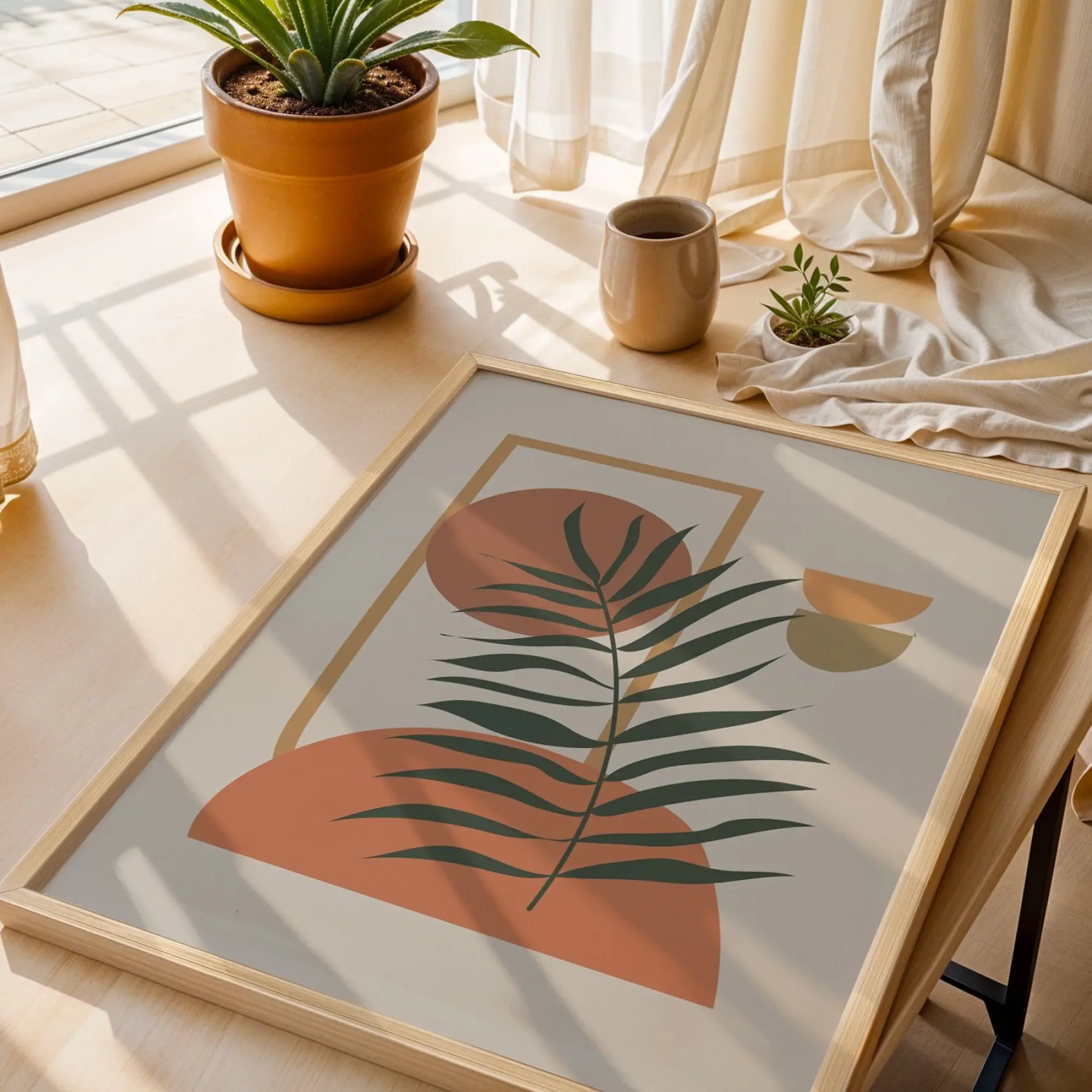 Minimalist Yaprak Geometri Doğal Ahşap Çerçeveli Tablo Dekorasyonu Poster Obje Ev Aksesuarları Modern