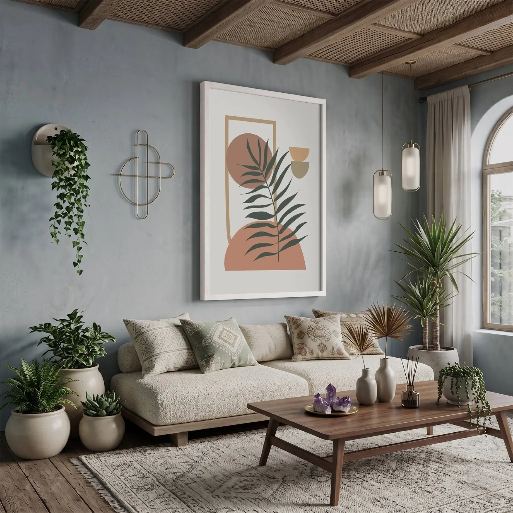 Minimalist Yaprak Geometri Beyaz Ahşap Çerçeveli Tablo Poster Dekoratif Obje Ev Aksesuarları Modern
