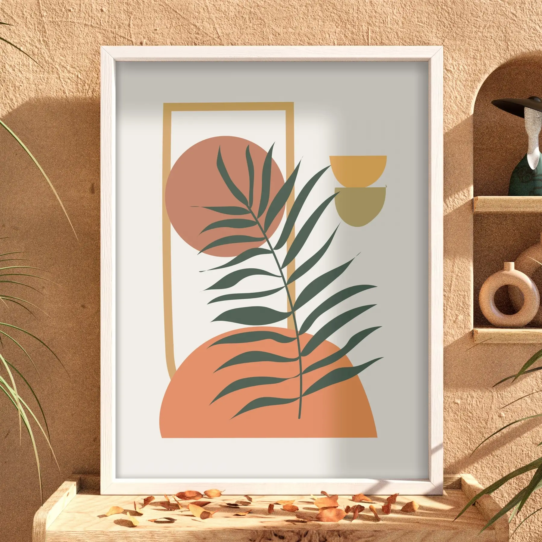 Minimalist Yaprak Geometri Beyaz Ahşap Çerçeveli Tablo Poster Dekoratif Obje Ev Aksesuarları Modern