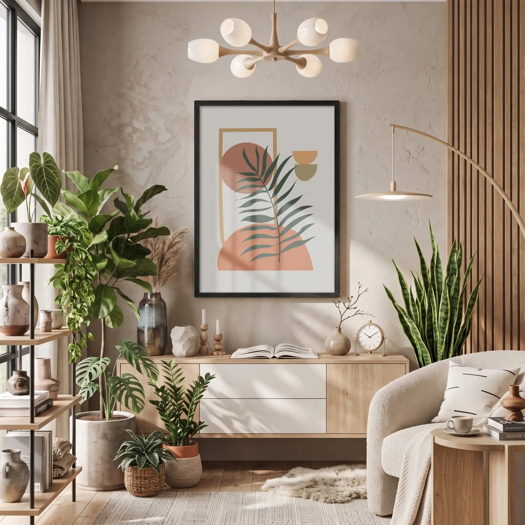 Minimalist Yaprak Geometri Siyah Ahşap Çerçeveli Tablo Salon Oturma Odası Duvar Dekoru Poster