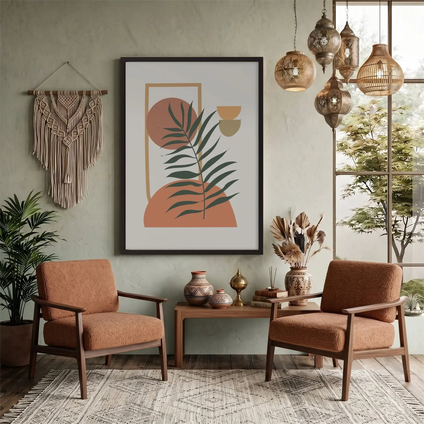 Minimalist Yaprak Geometri Siyah Ahşap Çerçeveli Tablo Salon Oturma Odası Duvar Dekoru Poster