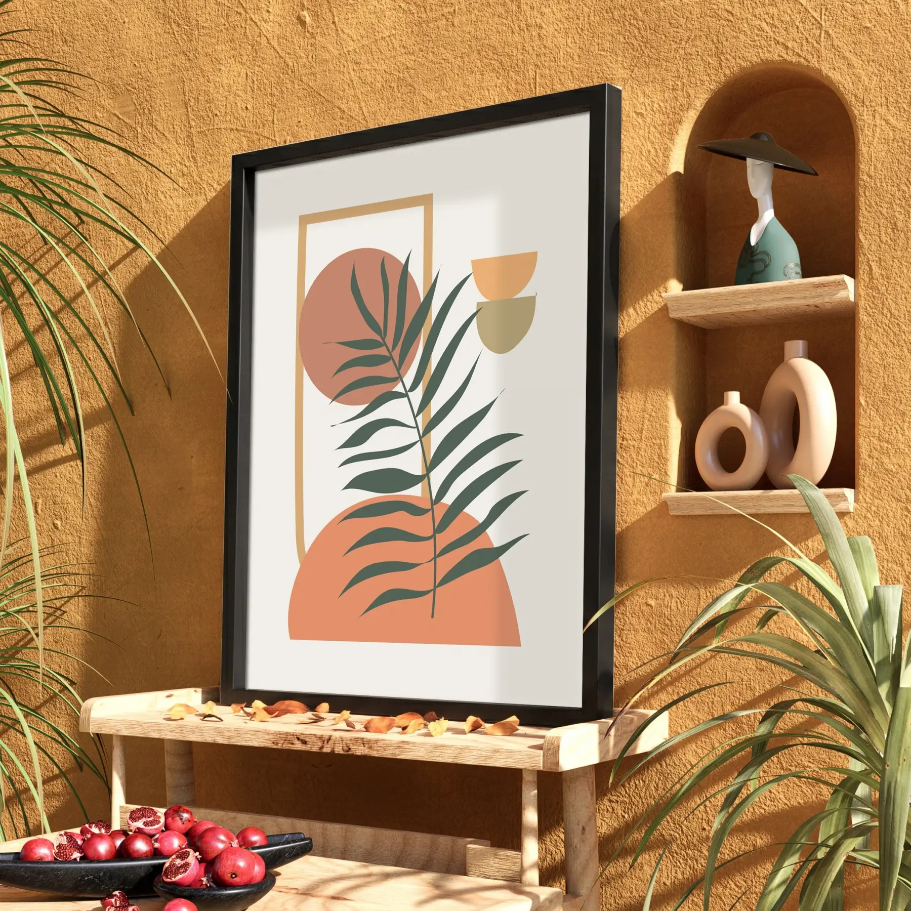Minimalist Yaprak Geometri Siyah Ahşap Çerçeveli Tablo Salon Oturma Odası Duvar Dekoru Poster