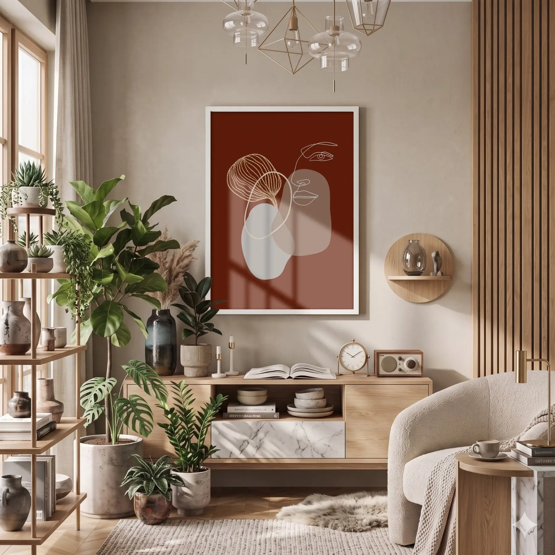 Toprak Tonlu Soyut Yüz Beyaz Ahşap Çerçeveli Tablo Poster Dekoratif Obje Ev Aksesuarları