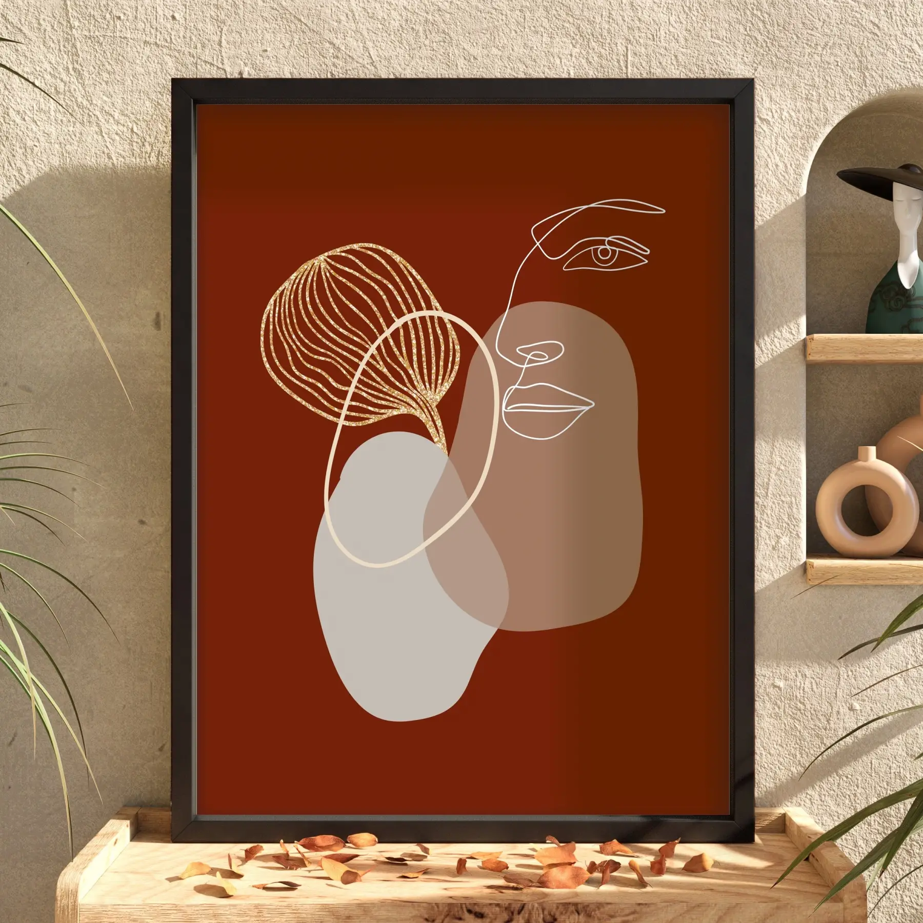 Toprak Tonlu Soyut Yüz Siyah Ahşap Çerçeveli Tablo Obje Ev Aksesuarları Modern Sanat