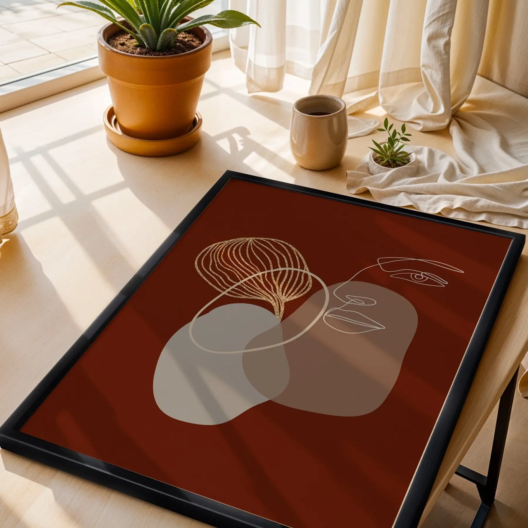 Toprak Tonlu Soyut Yüz Siyah Ahşap Çerçeveli Tablo Obje Ev Aksesuarları Modern Sanat