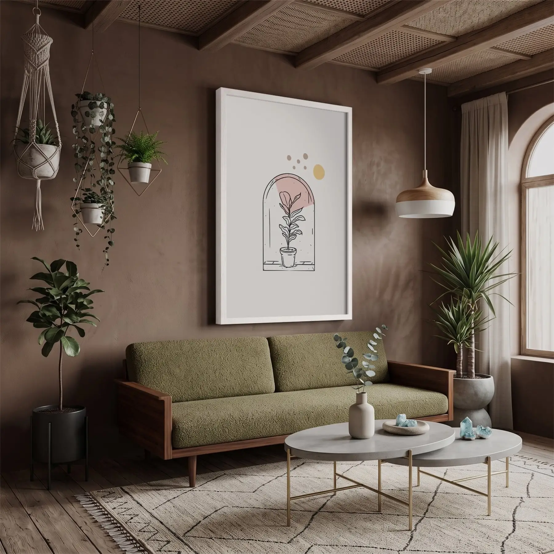 Kemerli Minimal Bitki Tasarım Beyaz Ahşap Çerçeveli Tablo Ofis Kanvas Görünümlü Salon Oturma