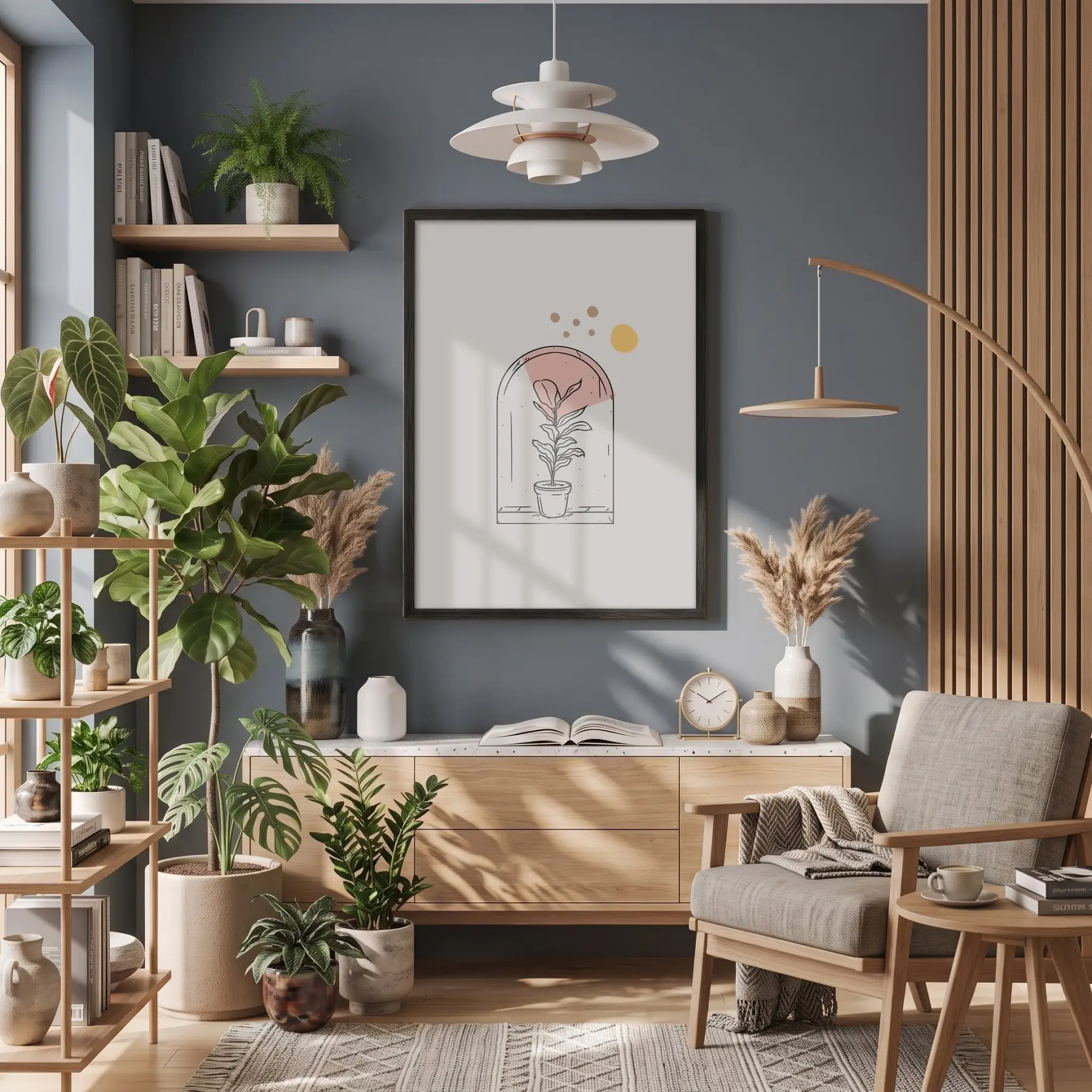 Kemerli Minimal Bitki Tasarım Siyah Ahşap Çerçeveli Tablo Modern Sanat İç Mekan Yatak