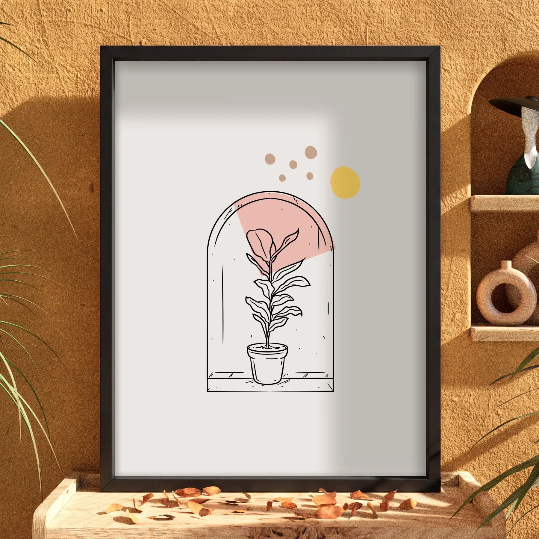 Kemerli Minimal Bitki Tasarım Siyah Ahşap Çerçeveli Tablo Modern Sanat İç Mekan Yatak