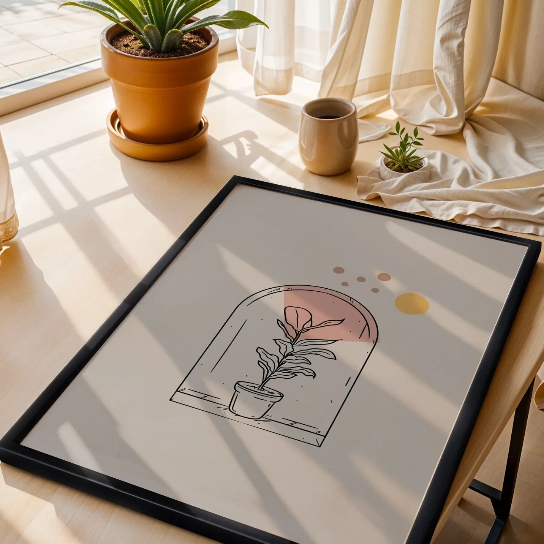 Kemerli Minimal Bitki Tasarım Siyah Ahşap Çerçeveli Tablo Modern Sanat İç Mekan Yatak