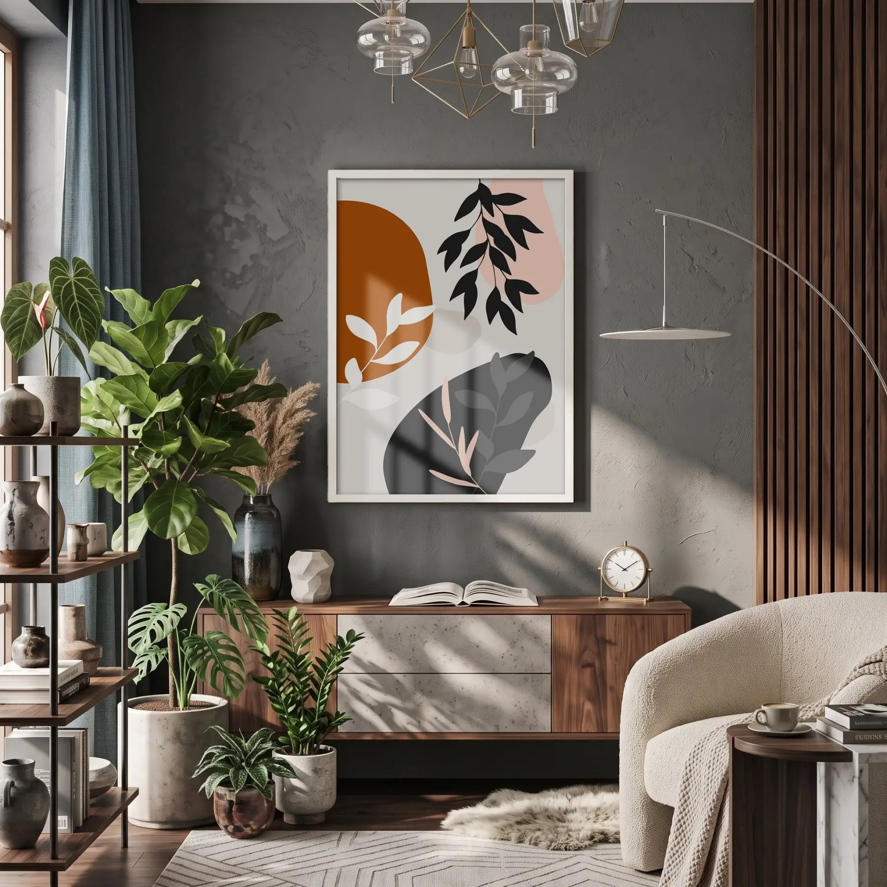 Toprak Tonları Organik Soyut Beyaz Ahşap Çerçeveli Tablo Modern Sanat İç Mekan Yatak