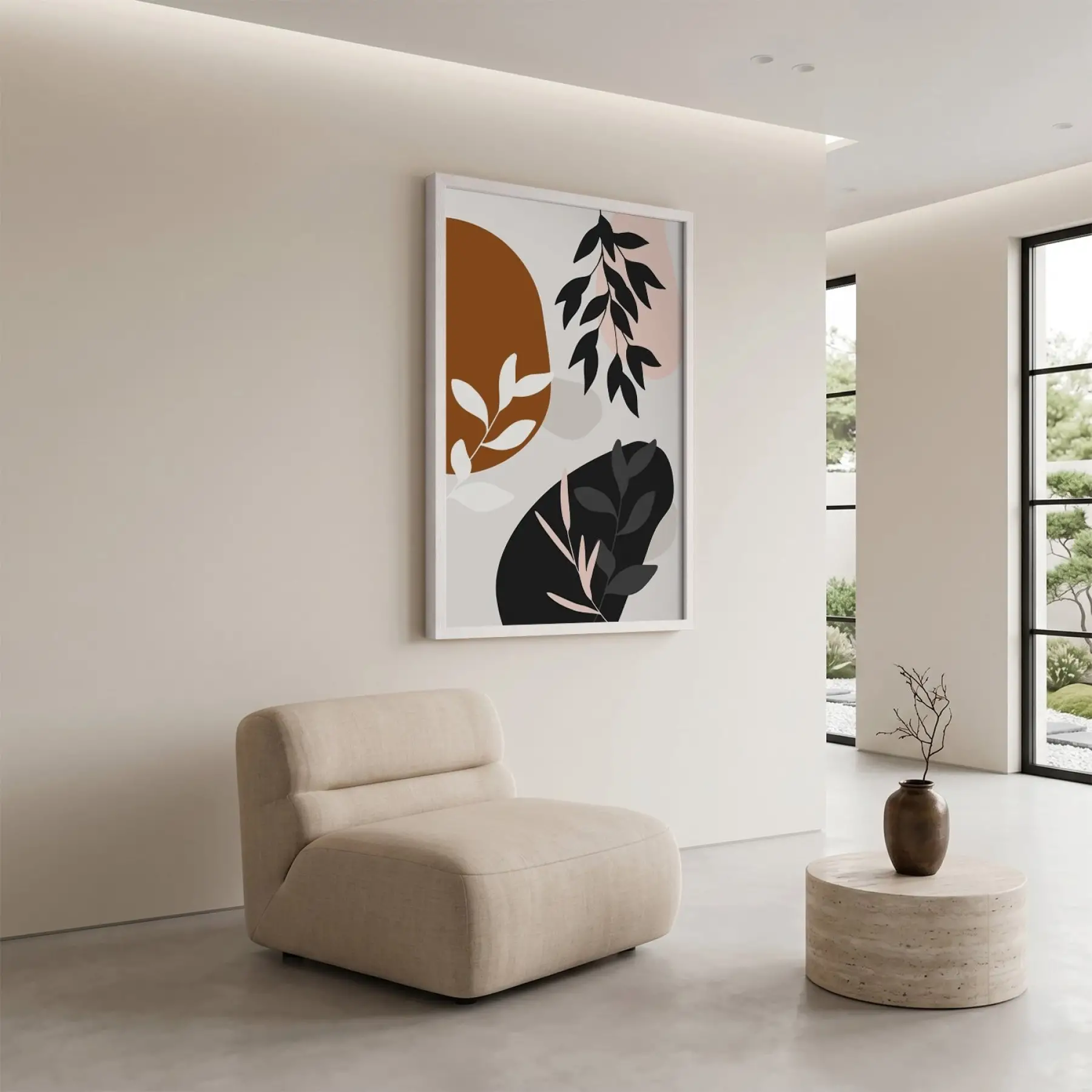 Toprak Tonları Organik Soyut Beyaz Ahşap Çerçeveli Tablo Modern Sanat İç Mekan Yatak